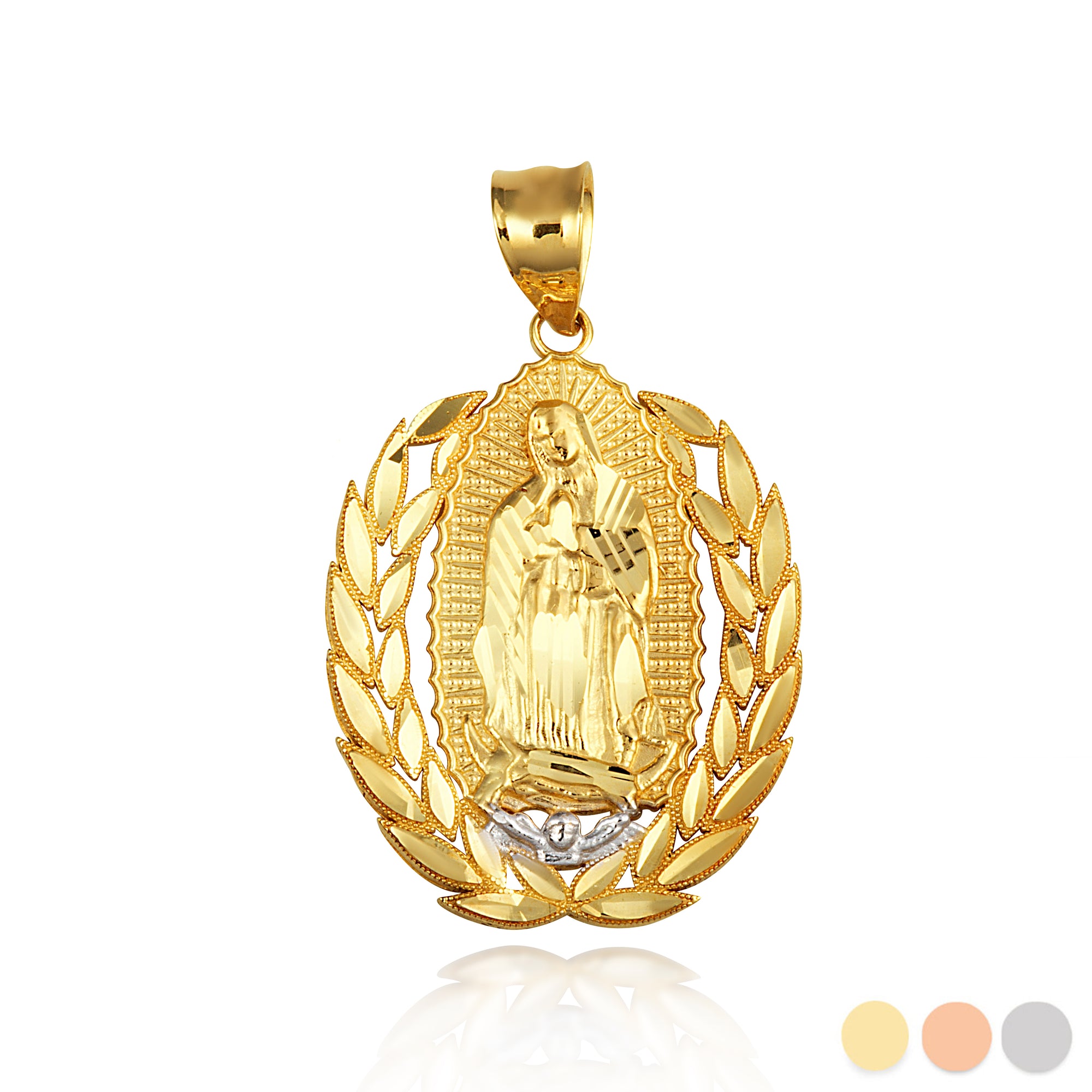 Two-Tone Gold Our Lady Of Guadalupe Laurel Wreath Milgrain Pendant Necklace