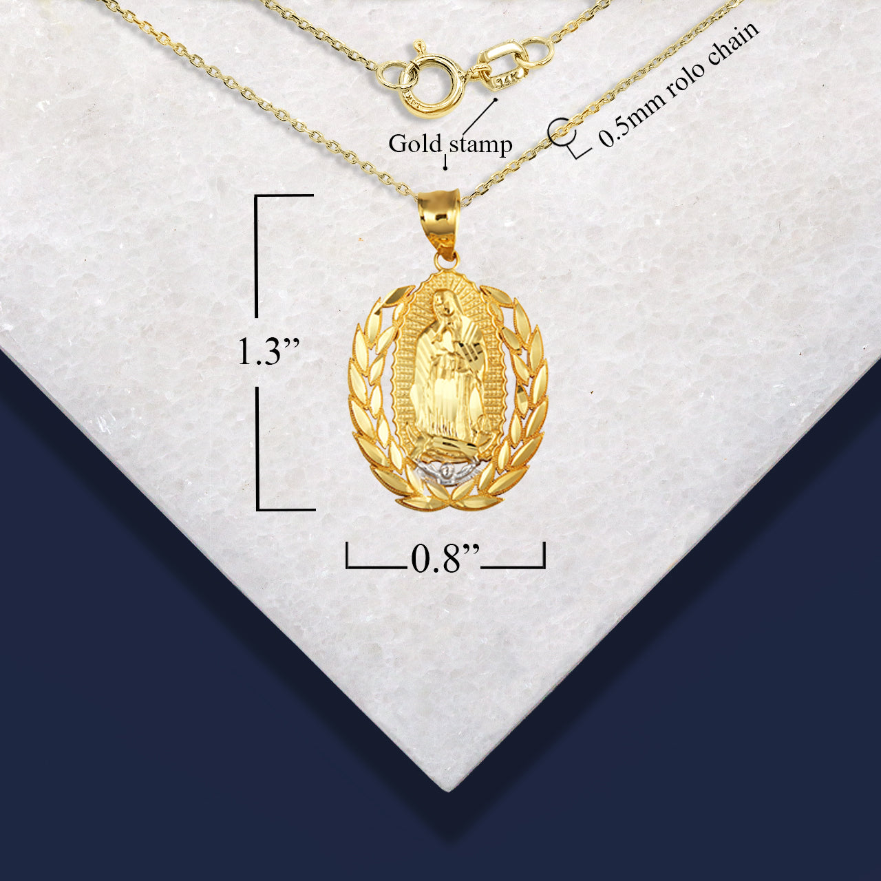 Two-Tone Gold Our Lady Of Guadalupe Laurel Wreath Milgrain Pendant Necklace, view 4