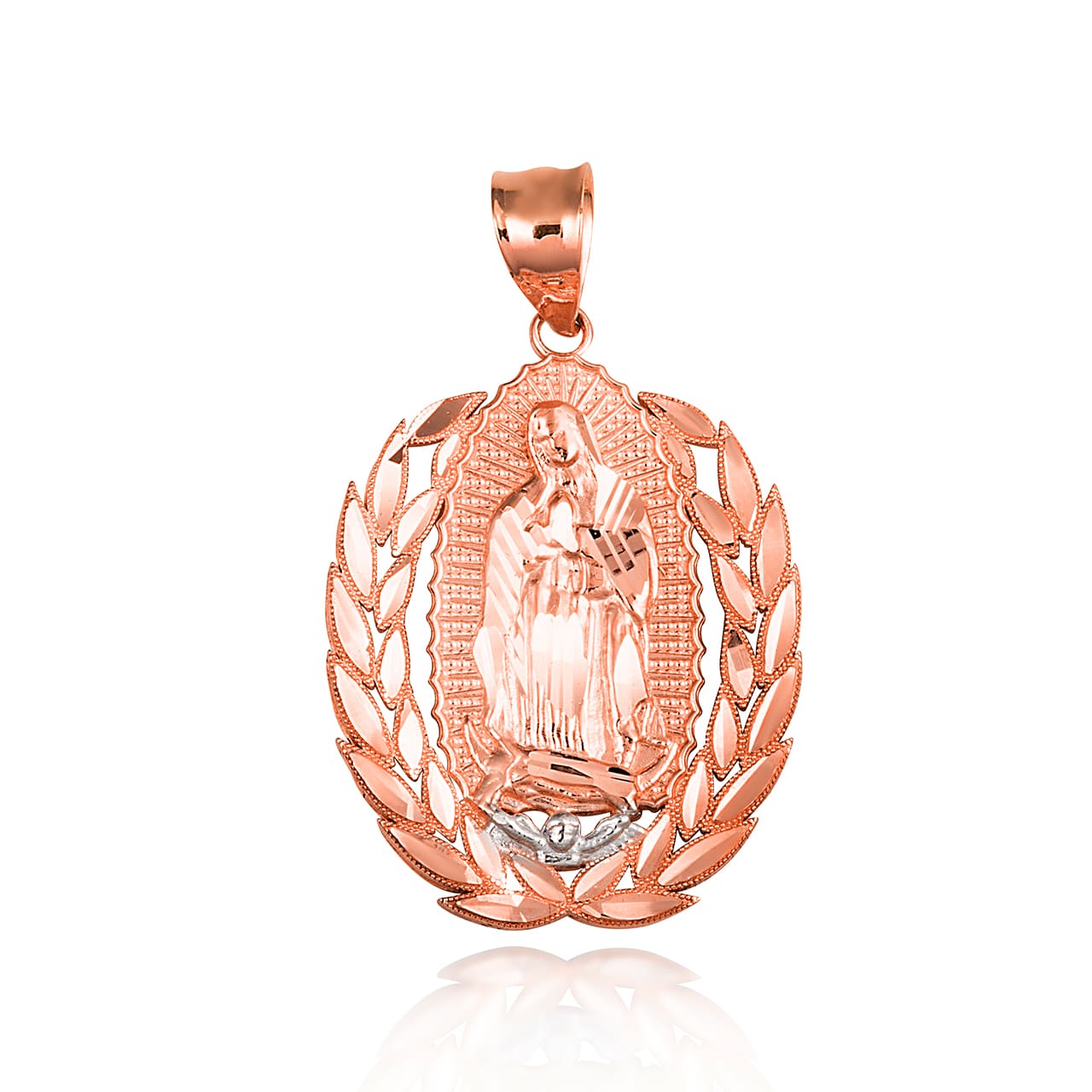 Two-Tone Gold Our Lady Of Guadalupe Laurel Wreath Milgrain Pendant Necklace, view 6