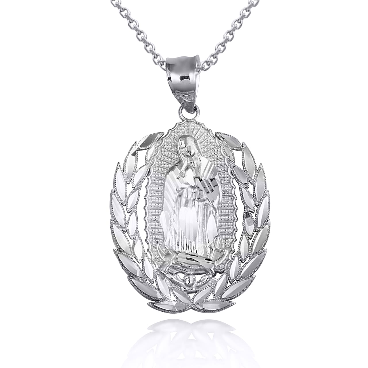 Two-Tone Gold Our Lady Of Guadalupe Laurel Wreath Milgrain Pendant Necklace, view 9
