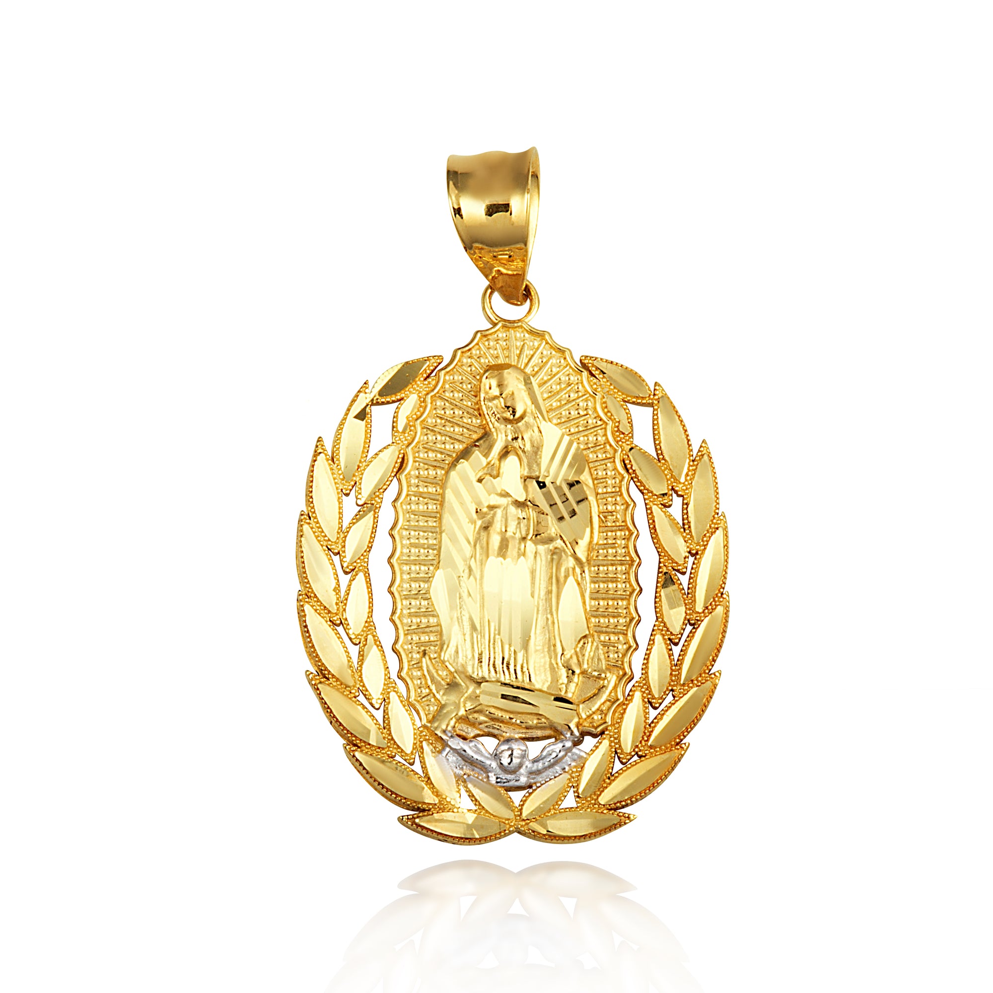 Two-Tone Gold Our Lady Of Guadalupe Laurel Wreath Milgrain Pendant Necklace, view 10