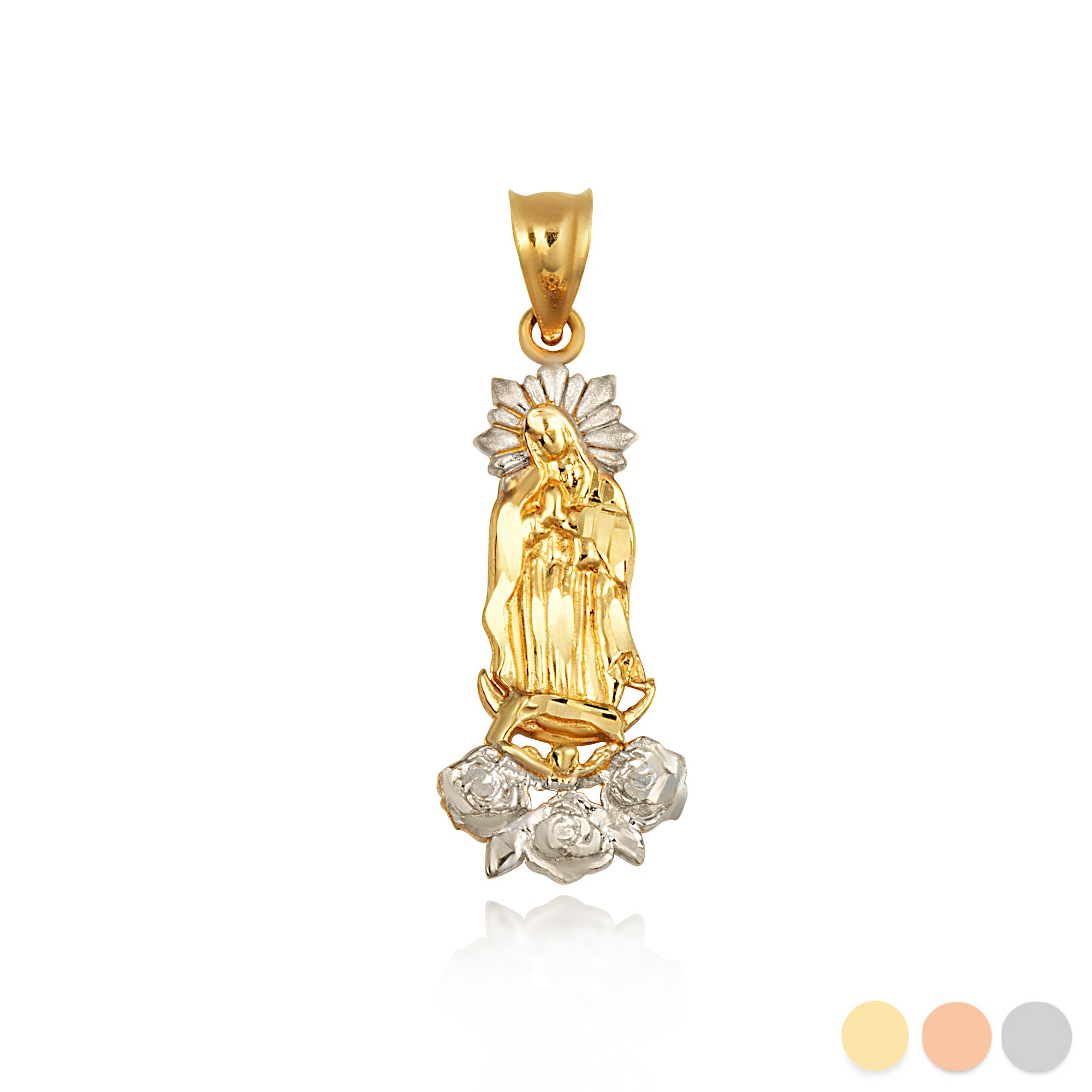 Two-Tone Gold Our Lady Of Guadalupe Rose Flower Pendant Necklace