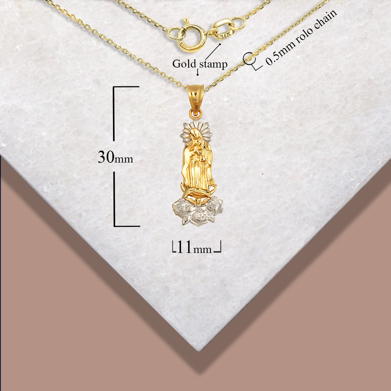 Two-Tone Gold Our Lady Of Guadalupe Rose Flower Pendant Necklace, view 4