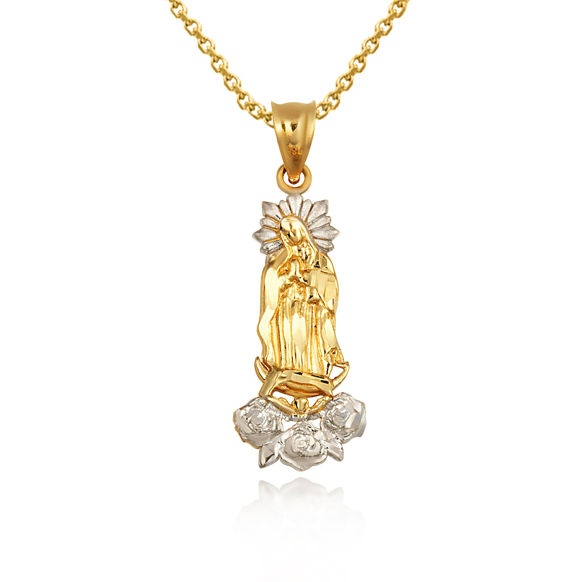 Two-Tone Gold Our Lady Of Guadalupe Rose Flower Pendant Necklace, view 5