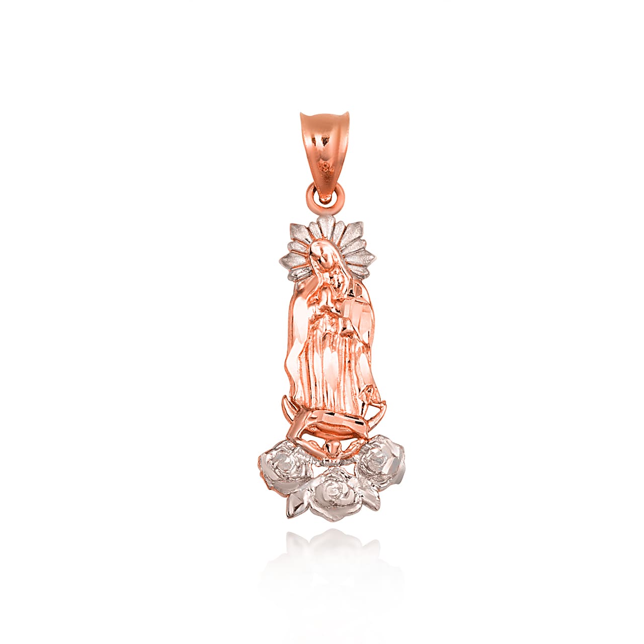 Two-Tone Gold Our Lady Of Guadalupe Rose Flower Pendant Necklace, view 6