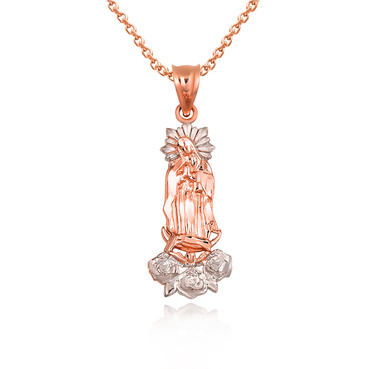 Two-Tone Gold Our Lady Of Guadalupe Rose Flower Pendant Necklace, view 7