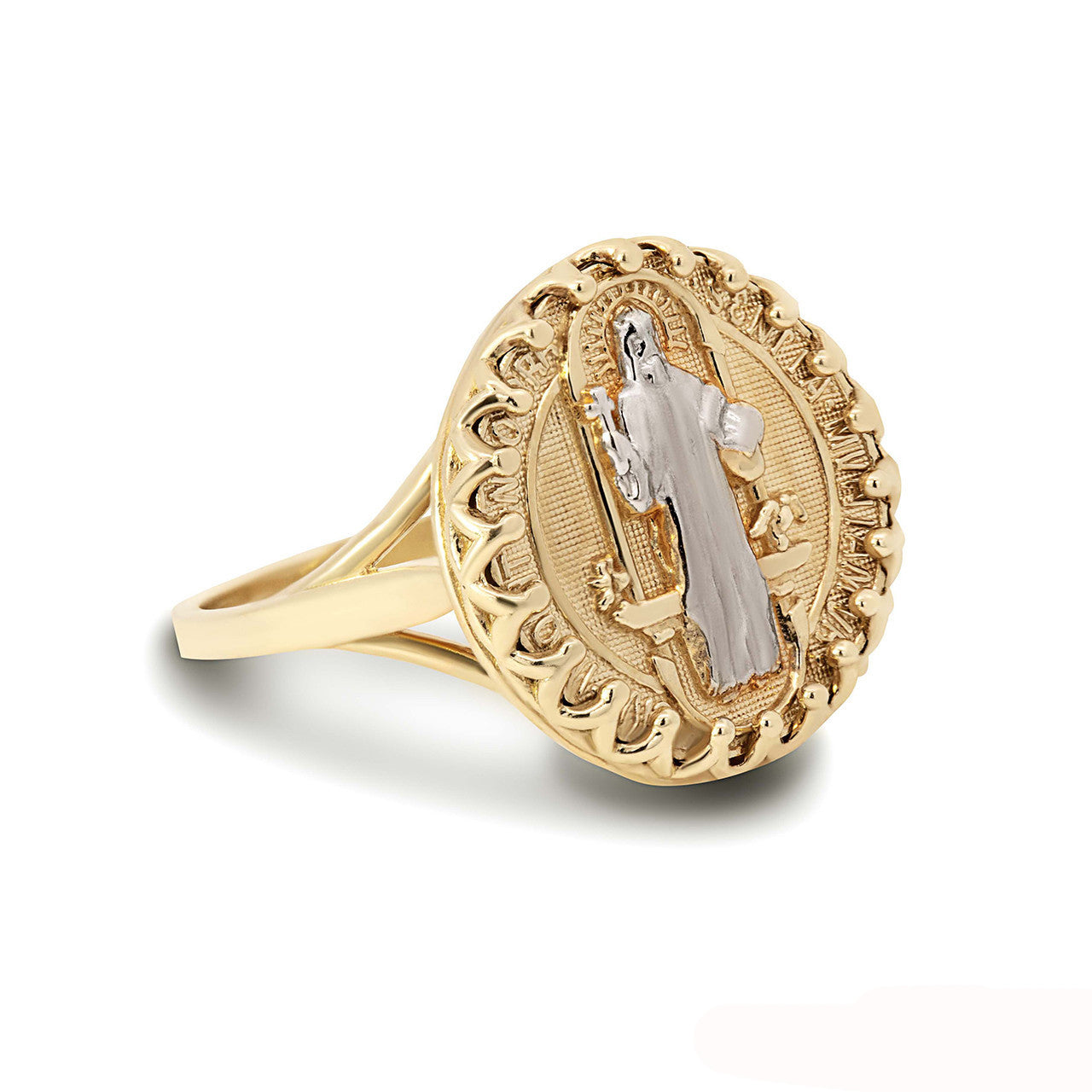 Two-Tone Gold Patron Saint Benedict Signet Ring