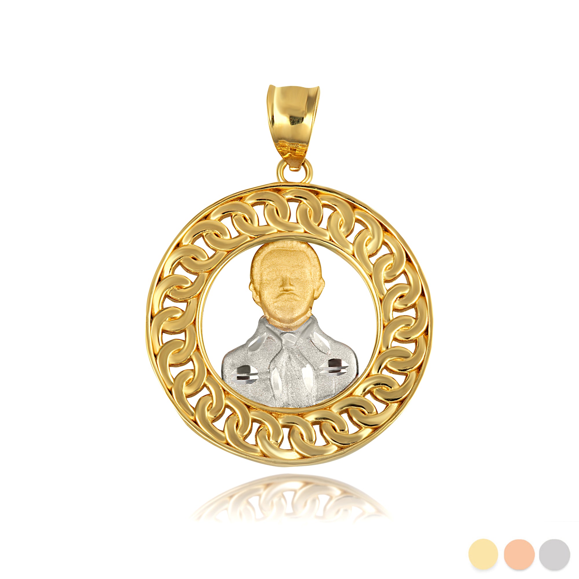 Two-Tone Gold Patron Saint Jesús Malverde of Sinaloa Cuban Link Round Pendant Necklace