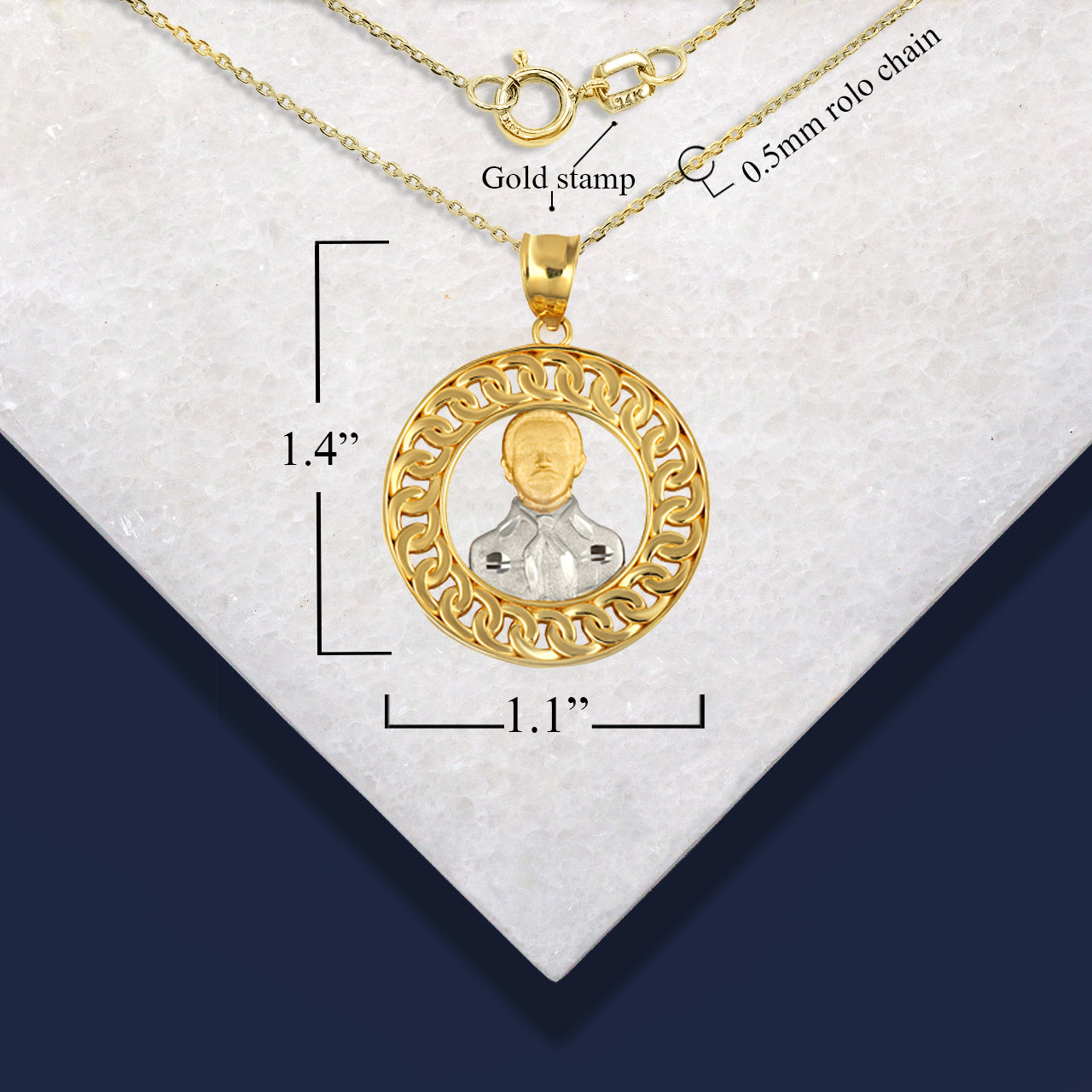Two-Tone Gold Patron Saint Jesús Malverde of Sinaloa Cuban Link Round Pendant Necklace, view 4
