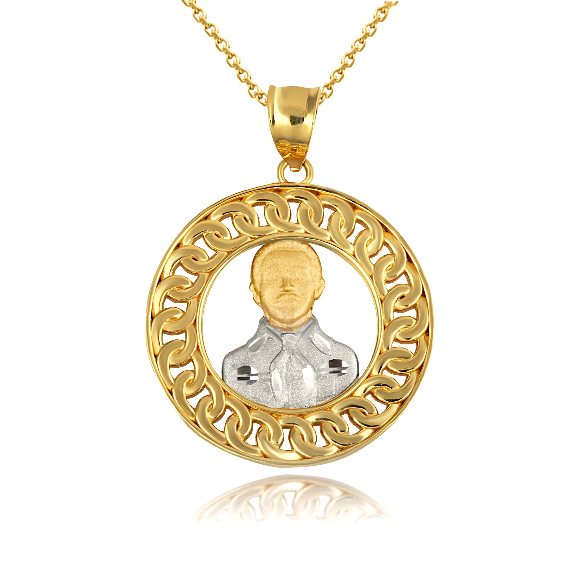 Two-Tone Gold Patron Saint Jesús Malverde of Sinaloa Cuban Link Round Pendant Necklace, view 5