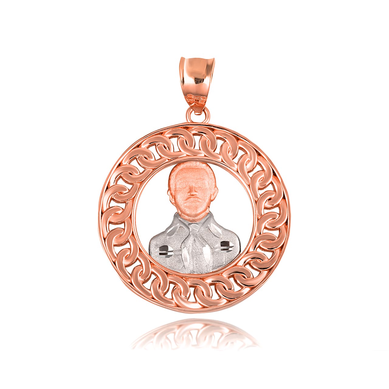 Two-Tone Gold Patron Saint Jesús Malverde of Sinaloa Cuban Link Round Pendant Necklace, view 6
