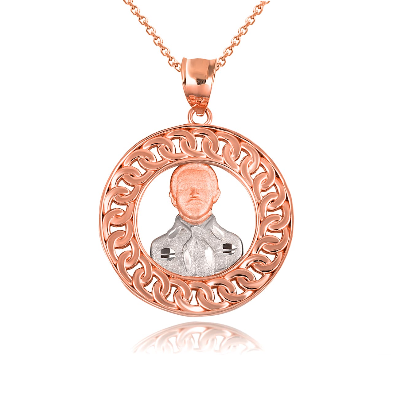 Two-Tone Gold Patron Saint Jesús Malverde of Sinaloa Cuban Link Round Pendant Necklace, view 7