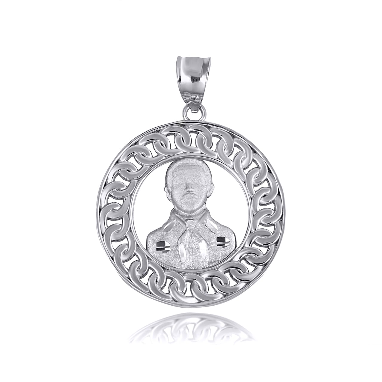 Two-Tone Gold Patron Saint Jesús Malverde of Sinaloa Cuban Link Round Pendant Necklace, view 8