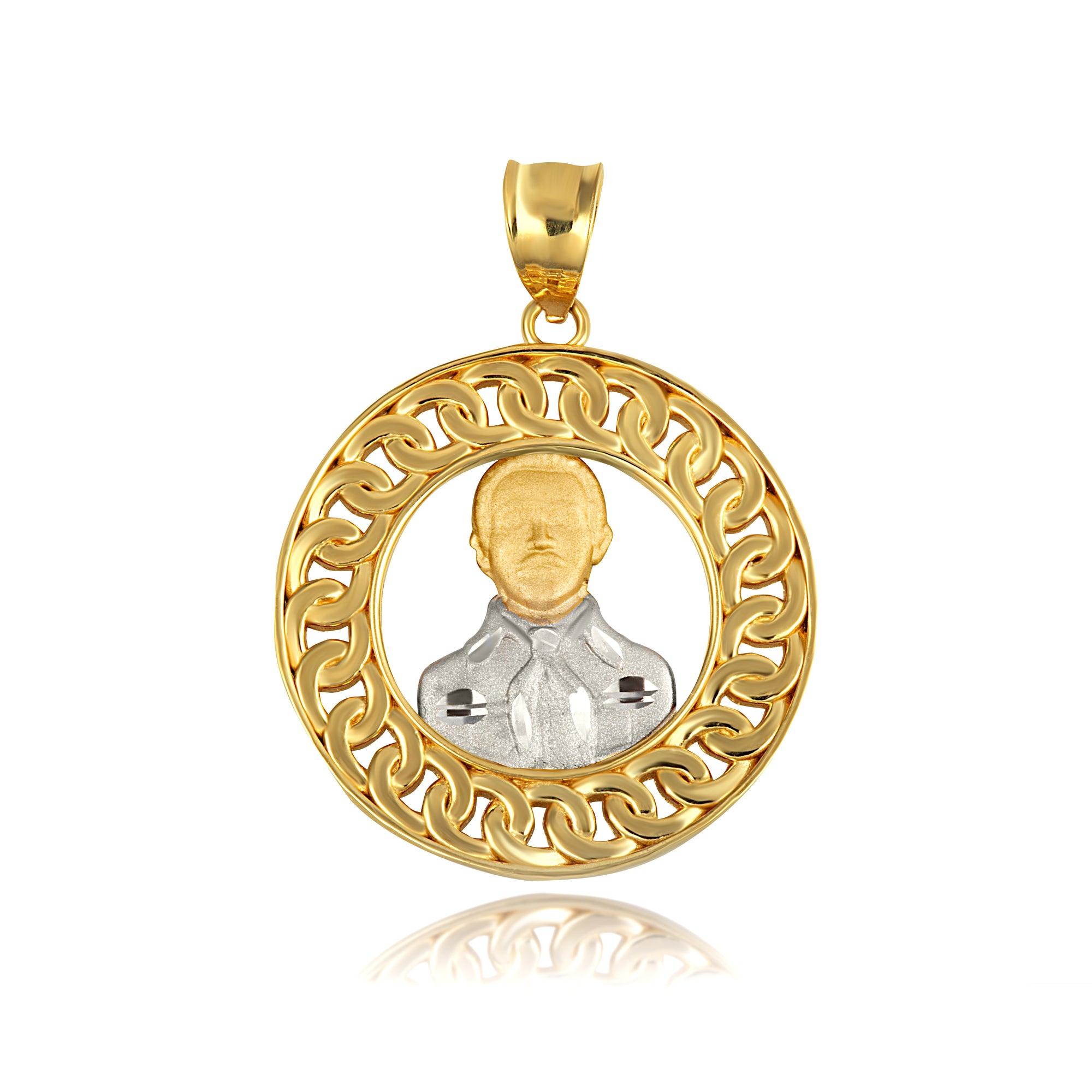 Two-Tone Gold Patron Saint Jesús Malverde of Sinaloa Cuban Link Round Pendant Necklace, view 10
