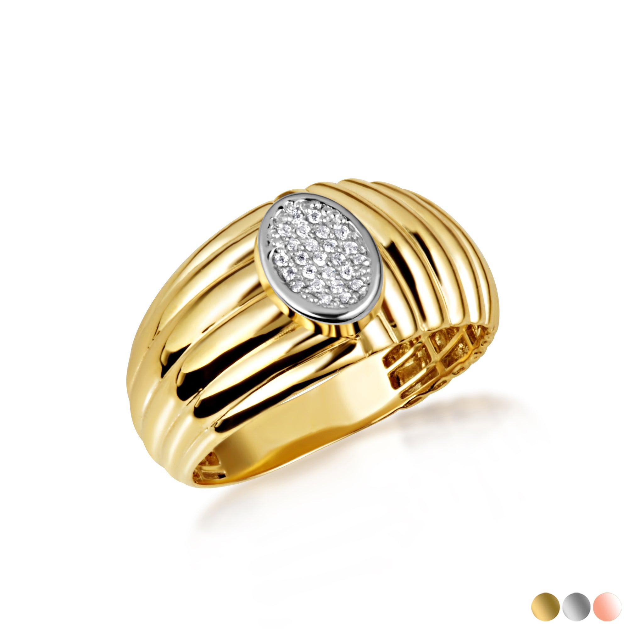 Two-Tone Gold Ribbed Oval Solitaire Diamond Ring