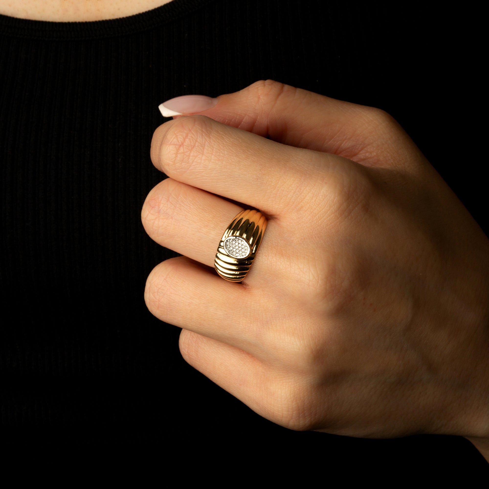 Two-Tone Gold Ribbed Oval Solitaire Diamond Ring, view 2