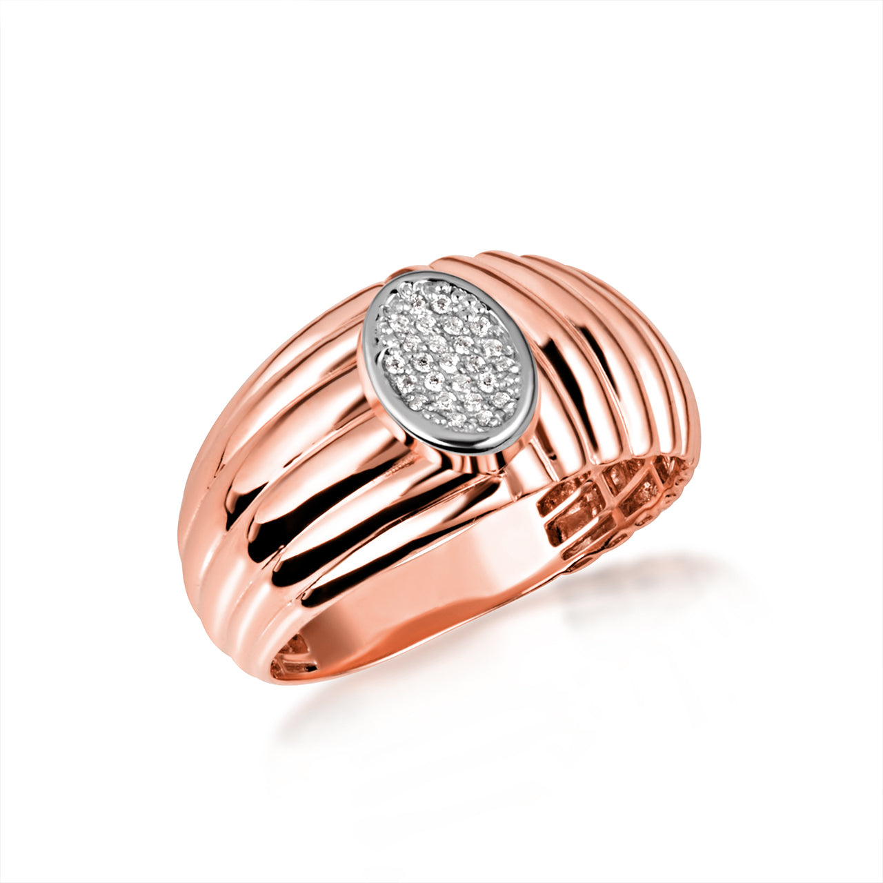 Two-Tone Gold Ribbed Oval Solitaire Diamond Ring, view 3