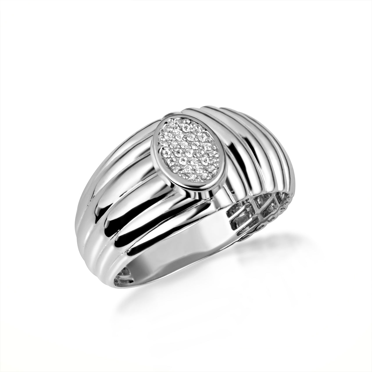 Two-Tone Gold Ribbed Oval Solitaire Diamond Ring, view 4