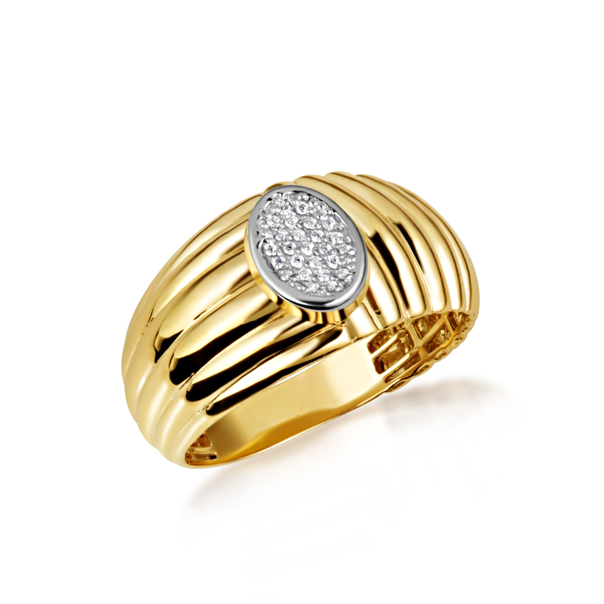 Two-Tone Gold Ribbed Oval Solitaire Diamond Ring, view 5