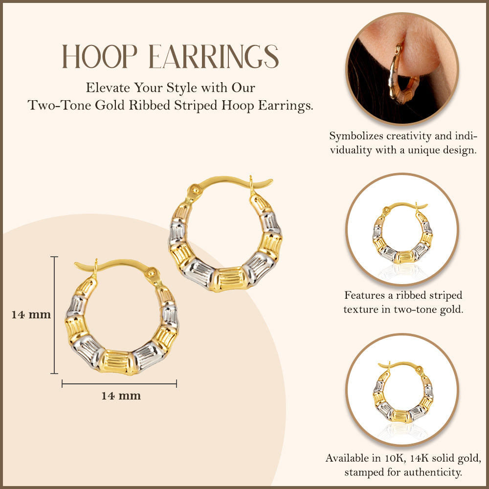 Two-Tone Gold Ribbed Striped Hoop Earrings, view 3