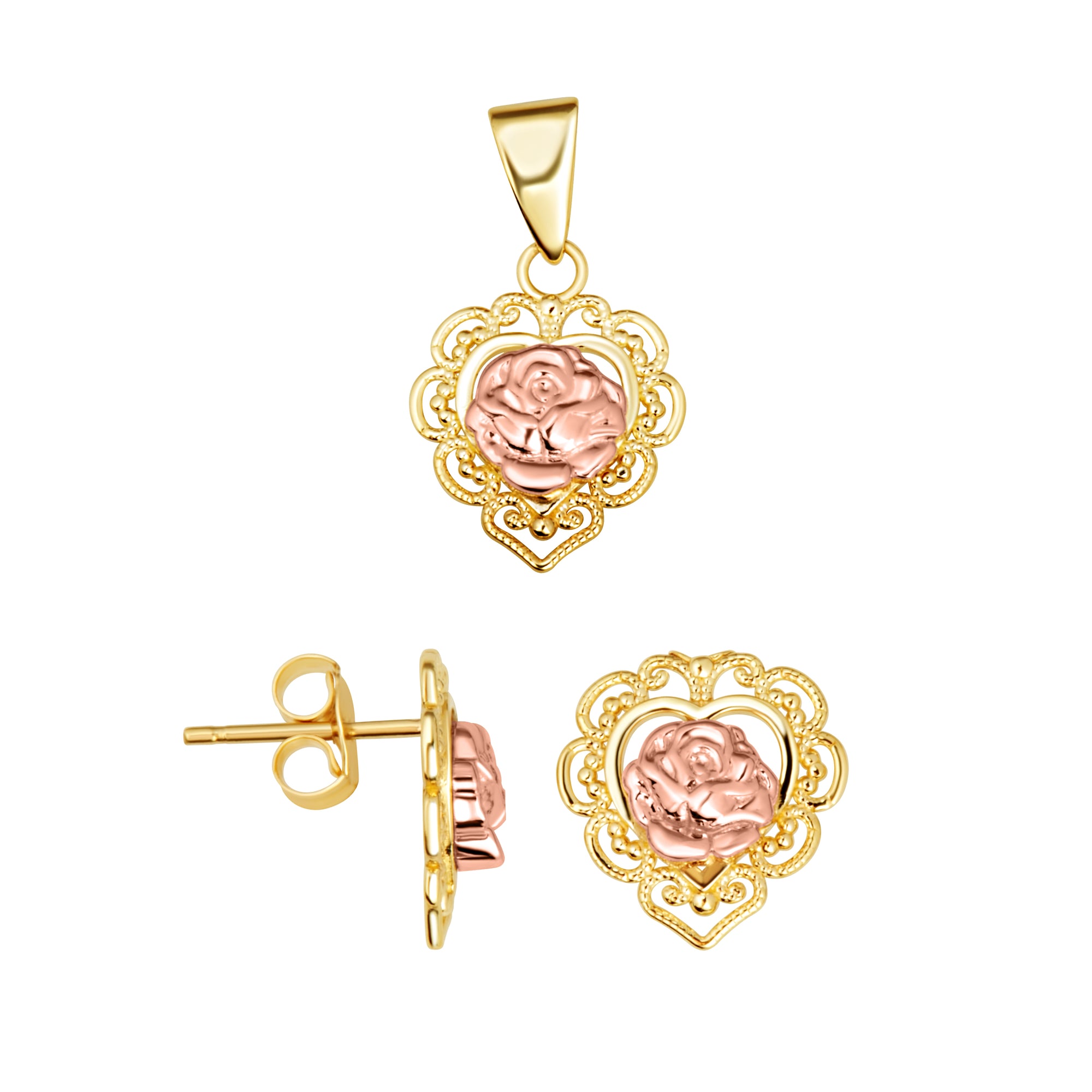 Two-Tone Gold Rose Flower Filigree Heart Pendant Necklace Stud Earrings Set
