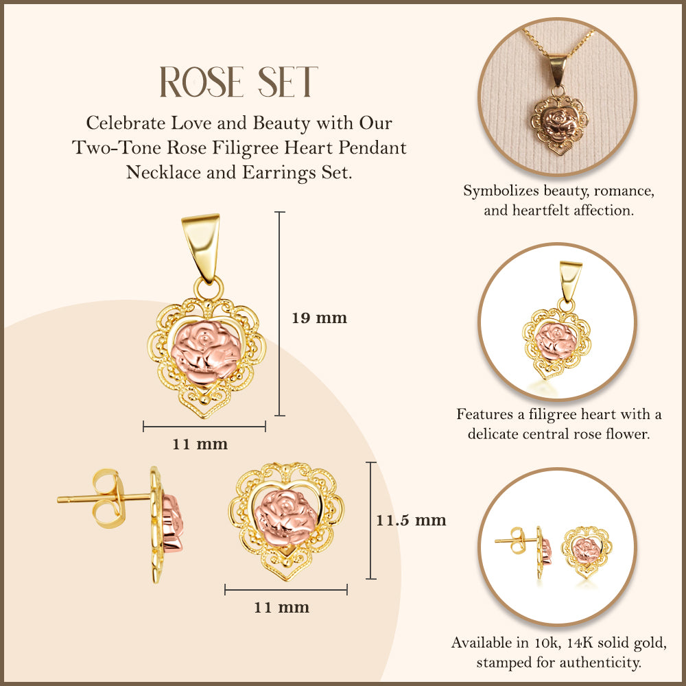 Two-Tone Gold Rose Flower Filigree Heart Pendant Necklace Stud Earrings Set, view 4