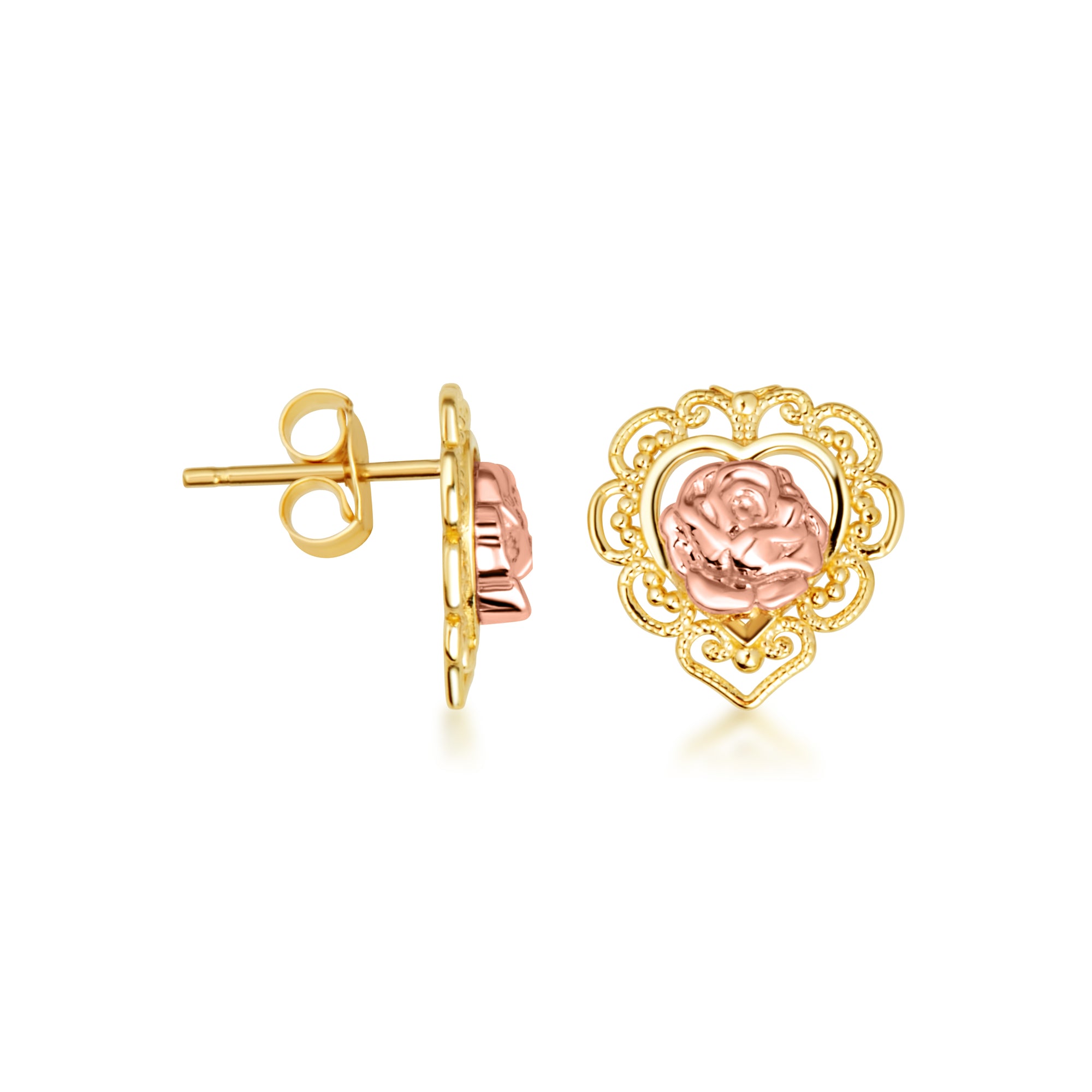 Two-Tone Gold Rose Flower Filigree Heart Pendant Necklace Stud Earrings Set, view 5