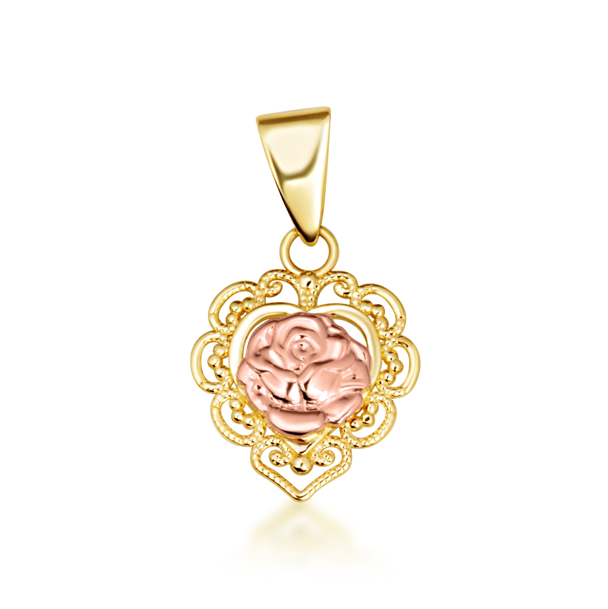 Two-Tone Gold Rose Flower Filigree Heart Pendant Necklace Stud Earrings Set, view 6