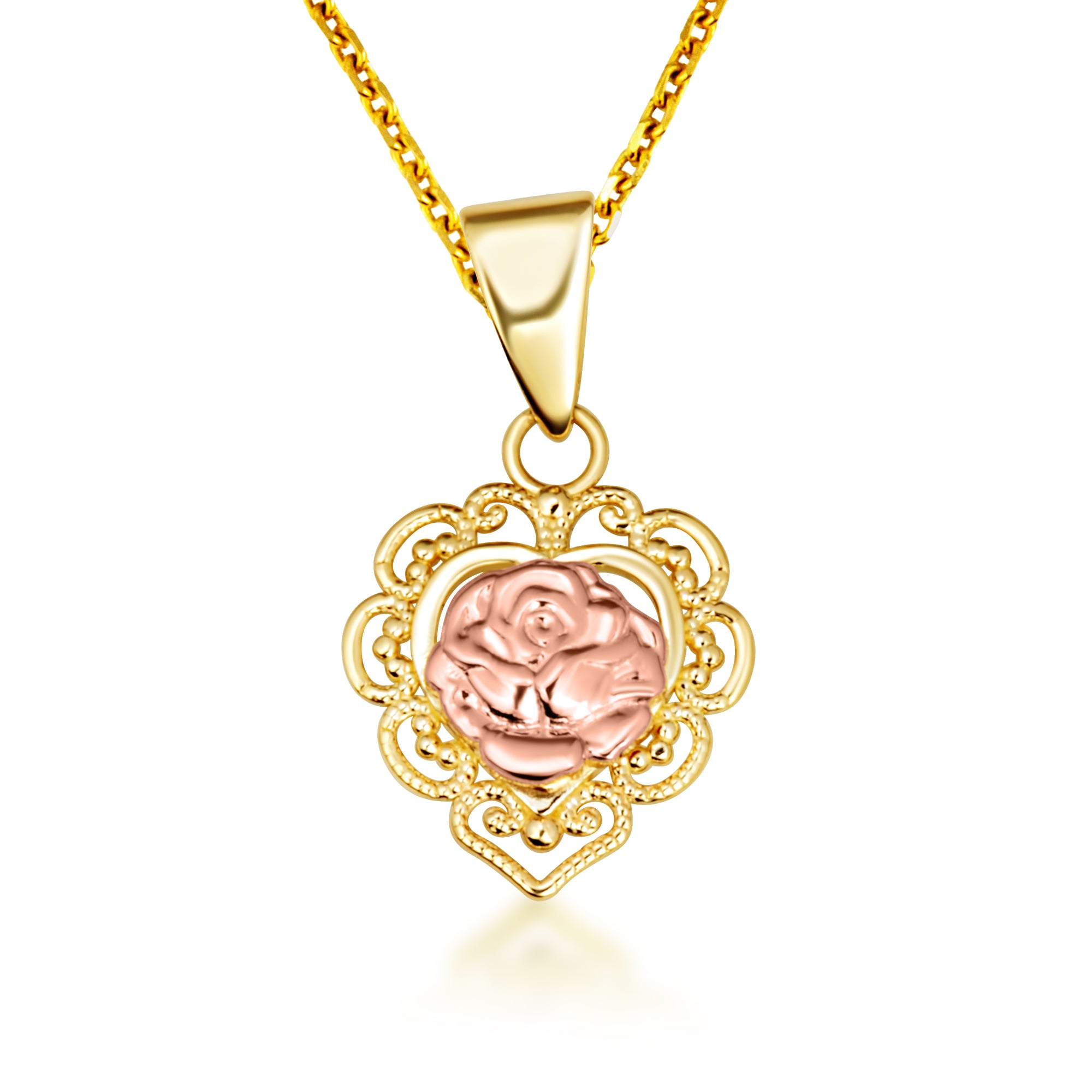 Two-Tone Gold Rose Flower Filigree Heart Pendant Necklace Stud Earrings Set, view 7