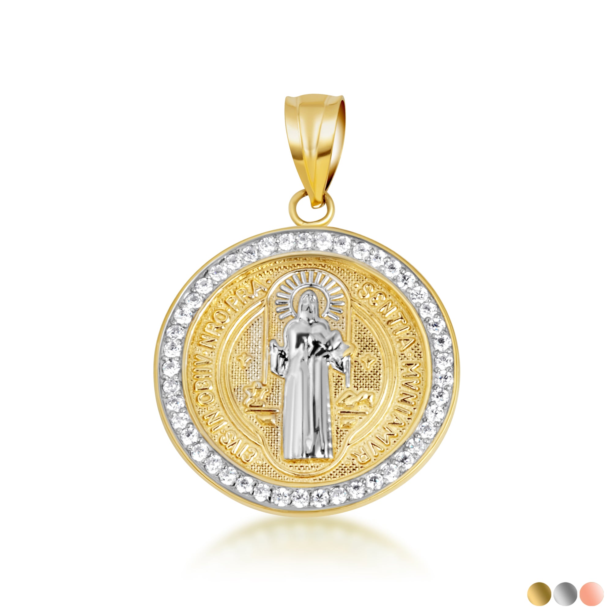 Two-Tone Gold Saint Benedict Cubic Zirconia Halo Medallion Pendant Necklace