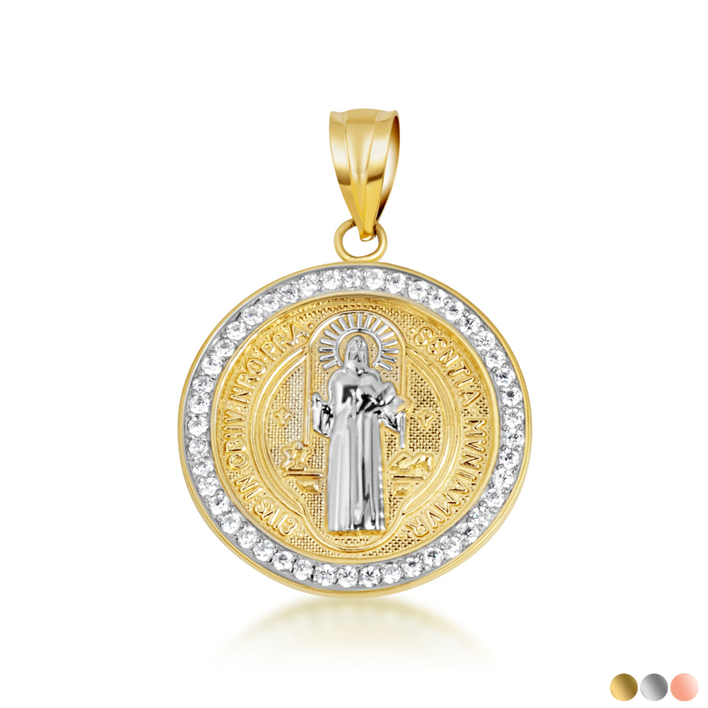 Two-Tone Gold Saint Benedict Cubic Zirconia Halo Medallion Pendant Necklace