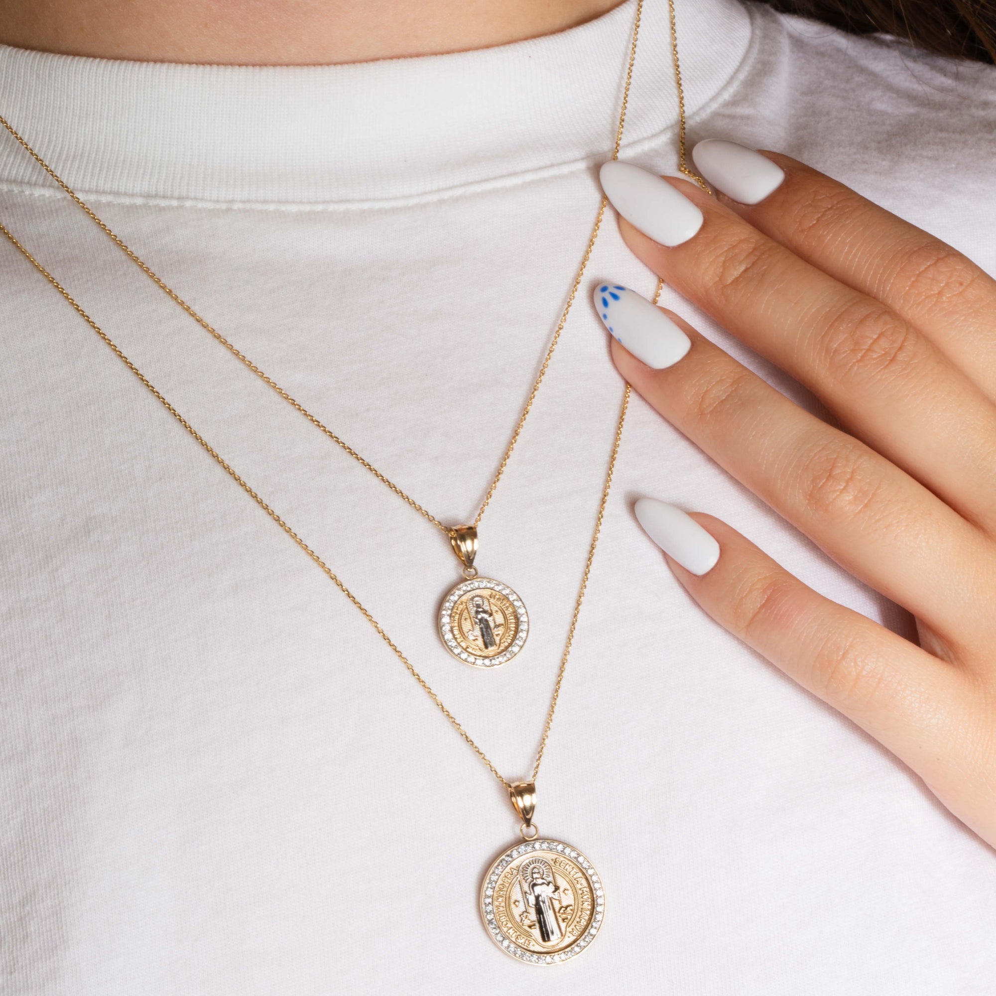 Two-Tone Gold Saint Benedict Cubic Zirconia Halo Medallion Pendant Necklace, view 2