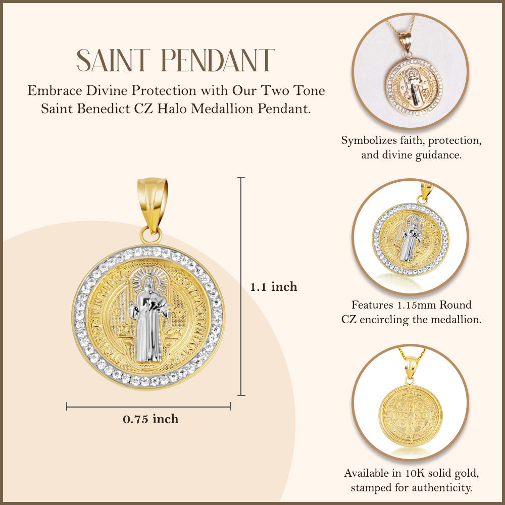 Two-Tone Gold Saint Benedict Cubic Zirconia Halo Medallion Pendant Necklace, view 3