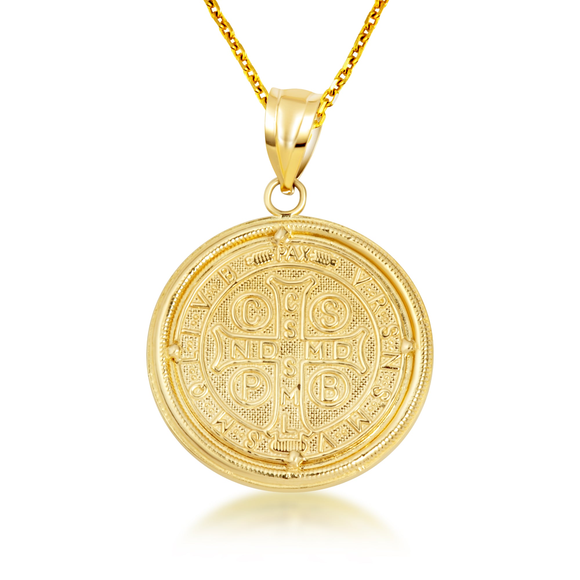 Two-Tone Gold Saint Benedict Cubic Zirconia Halo Medallion Pendant Necklace, view 5