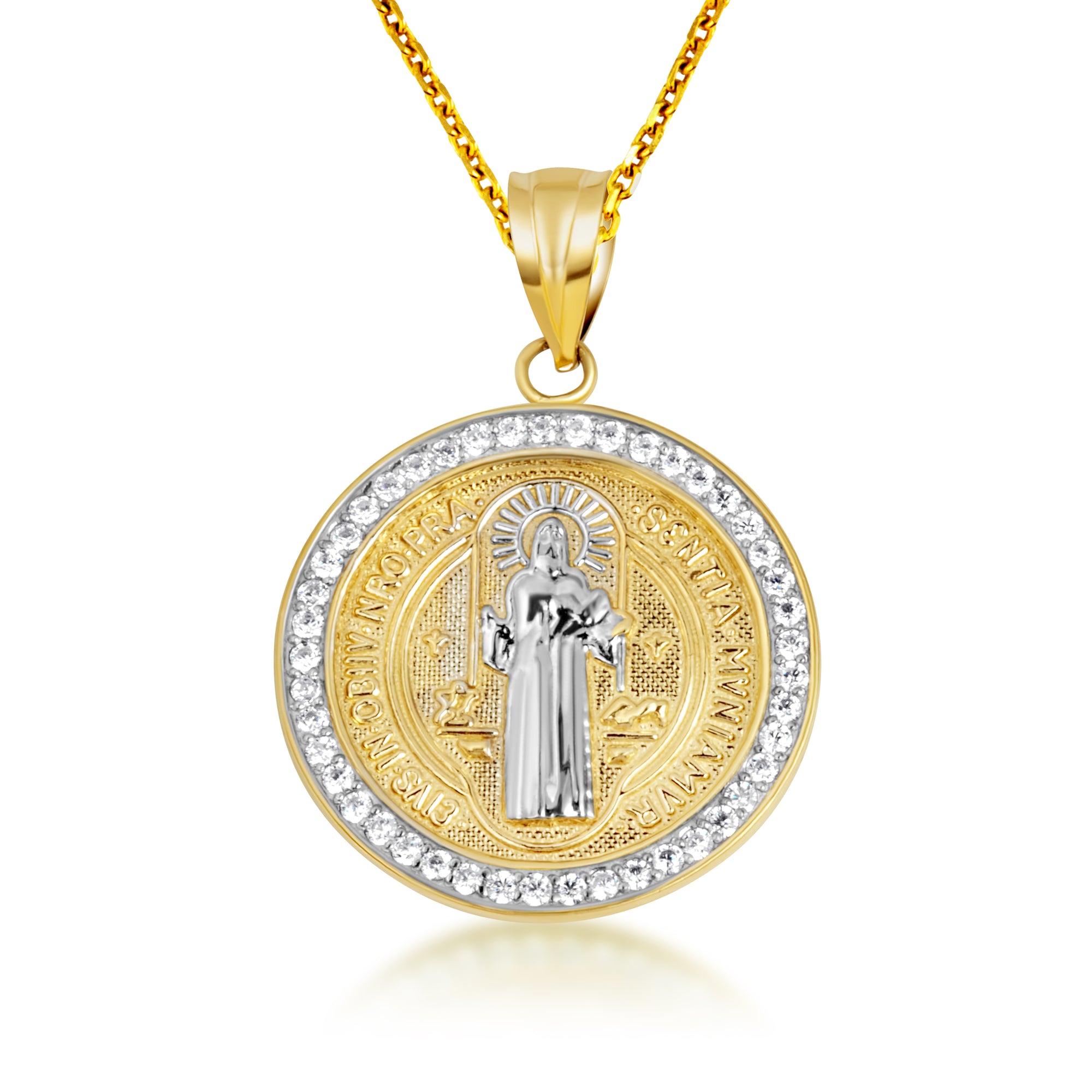 Two-Tone Gold Saint Benedict Cubic Zirconia Halo Medallion Pendant Necklace, view 6