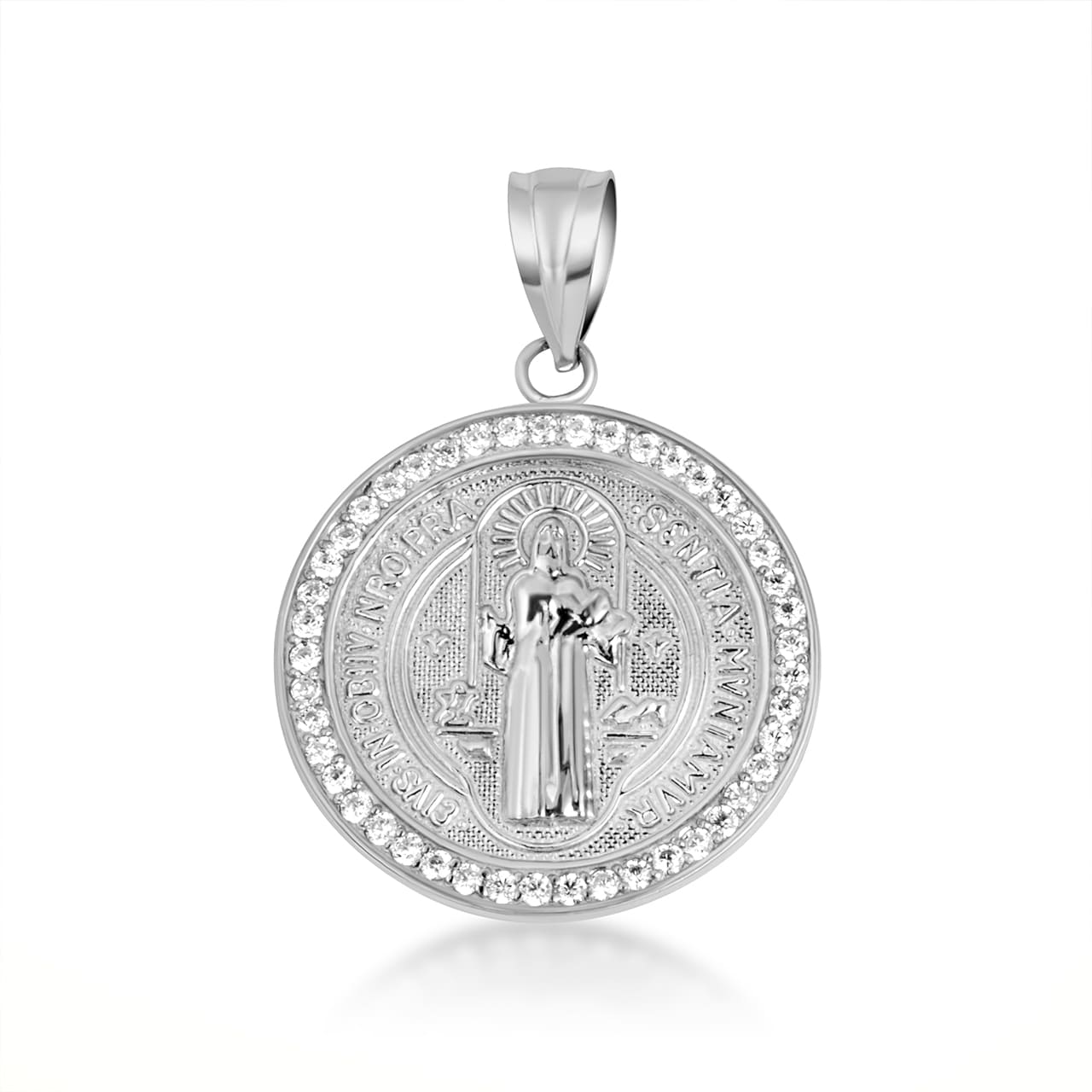 Two-Tone Gold Saint Benedict Cubic Zirconia Halo Medallion Pendant Necklace, view 7