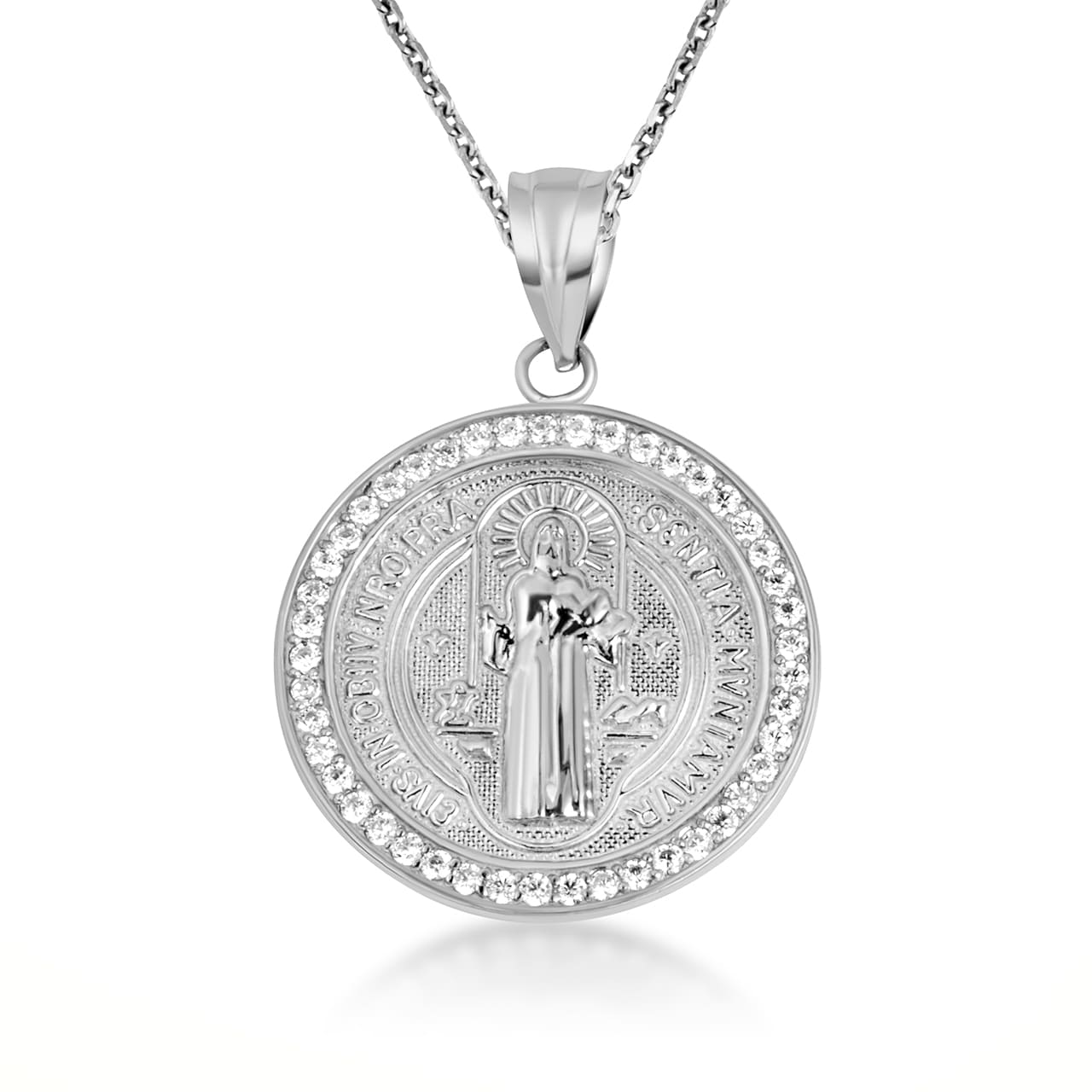 Two-Tone Gold Saint Benedict Cubic Zirconia Halo Medallion Pendant Necklace, view 8