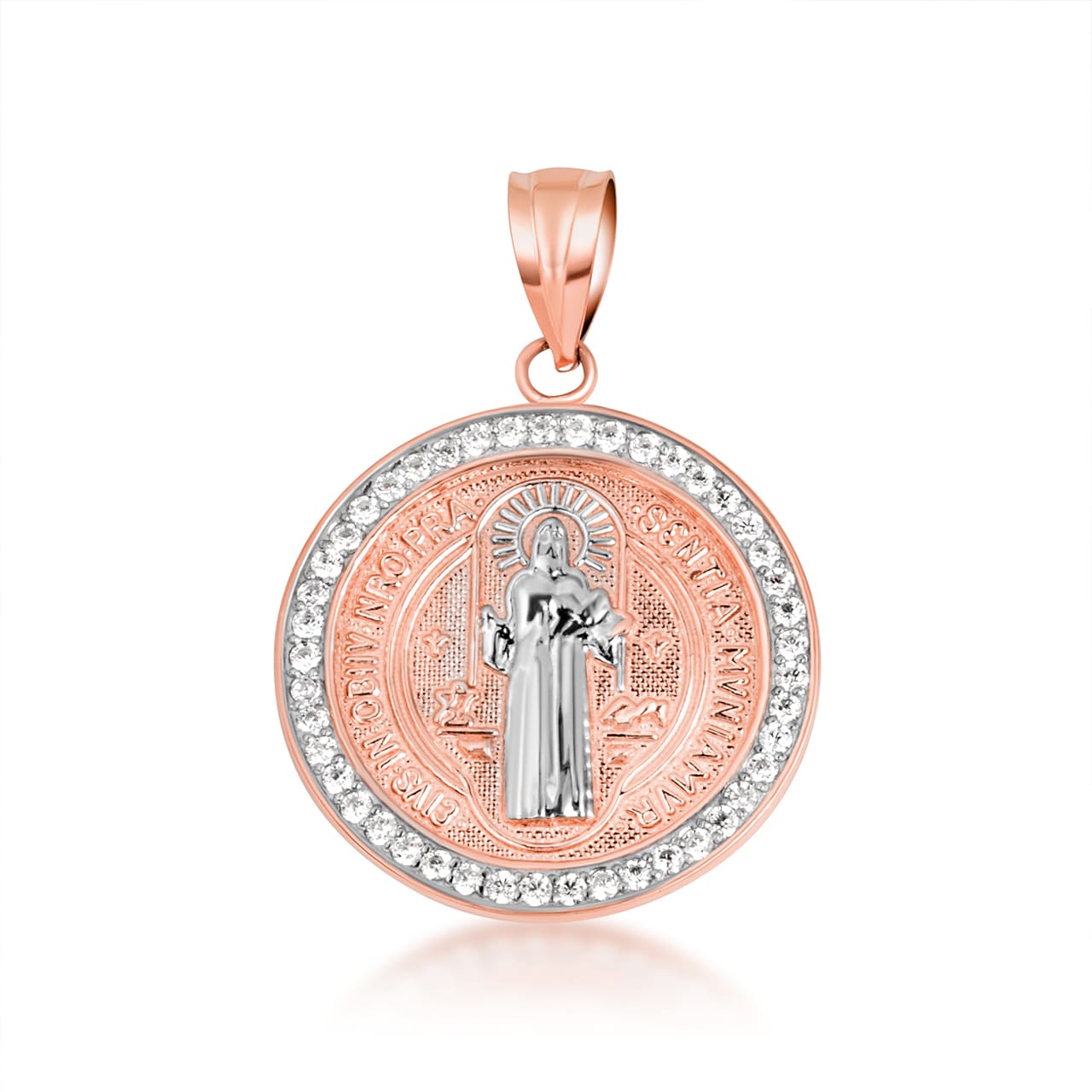 Two-Tone Gold Saint Benedict Cubic Zirconia Halo Medallion Pendant Necklace, view 11