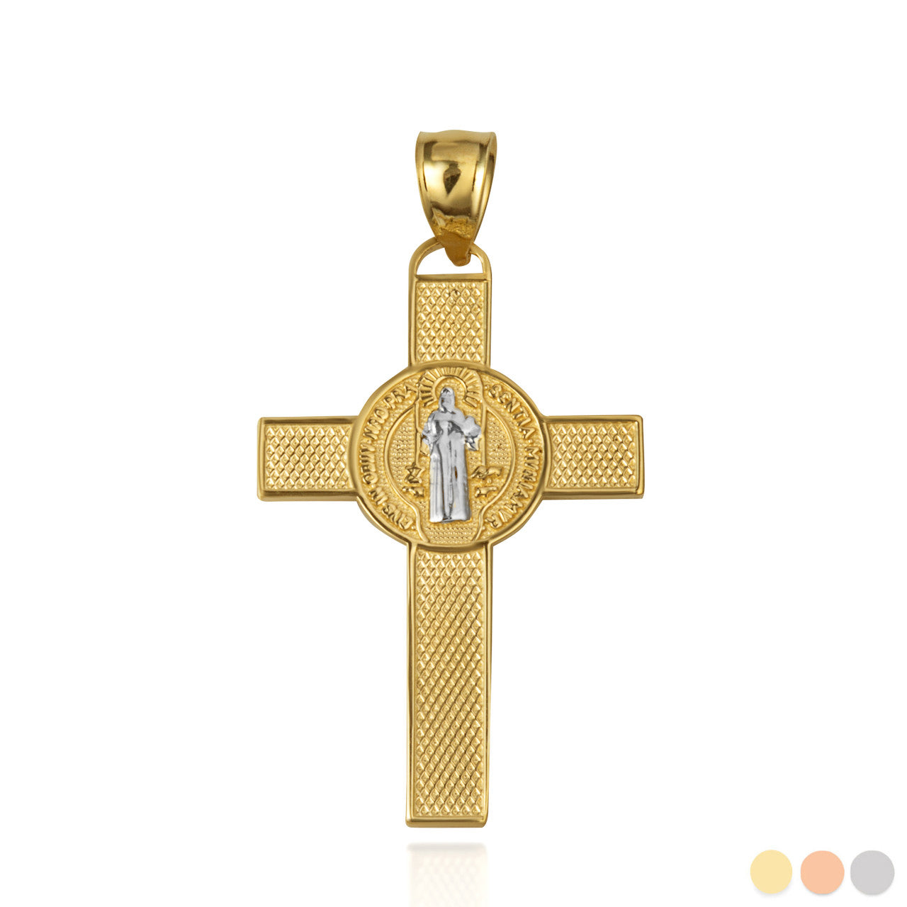 Two-Tone Gold Saint Benedict Medal Cross Textured Pendant Necklace