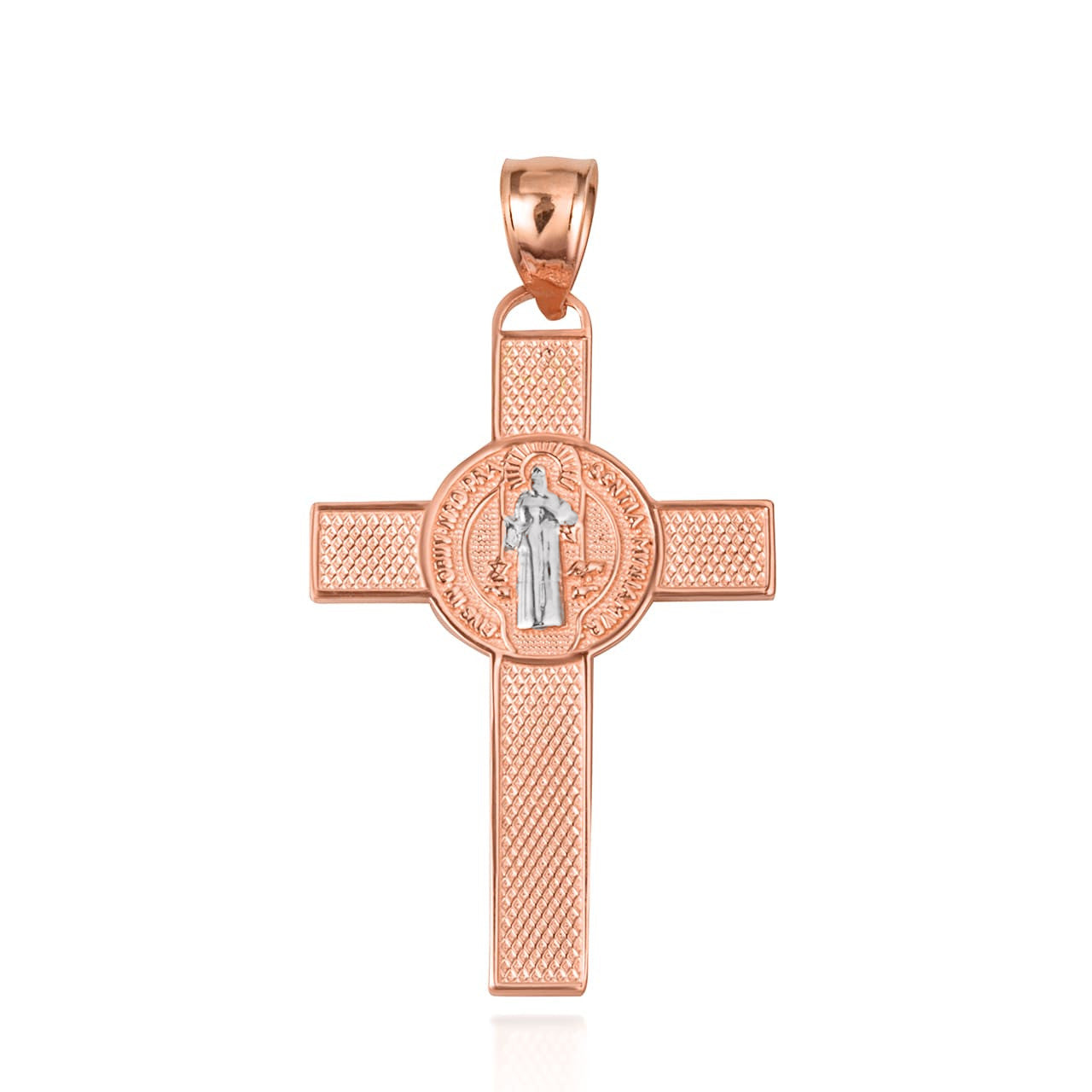 Two-Tone Gold Saint Benedict Medal Cross Textured Pendant Necklace, view 2