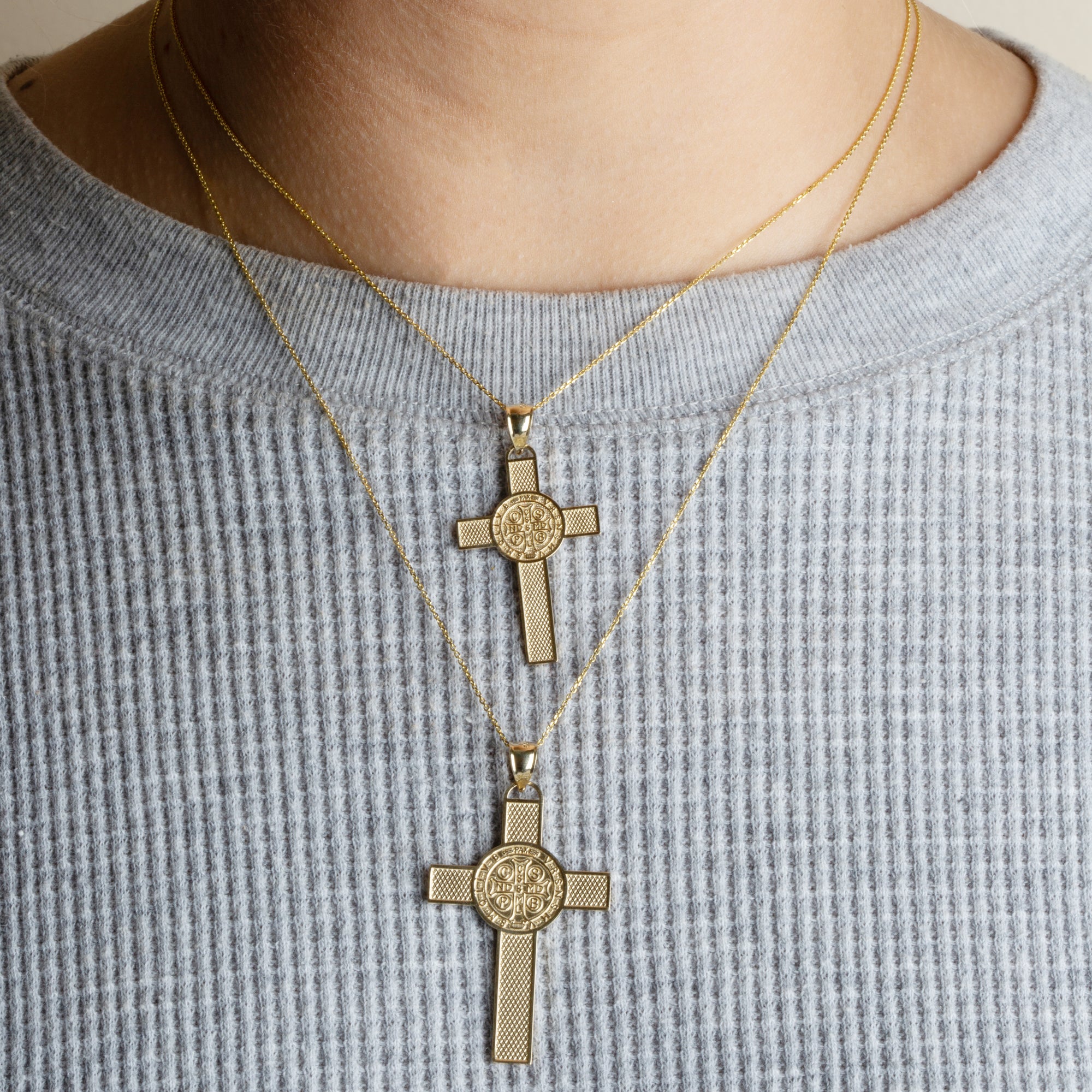 Two-Tone Gold Saint Benedict Medal Cross Textured Pendant Necklace, view 4