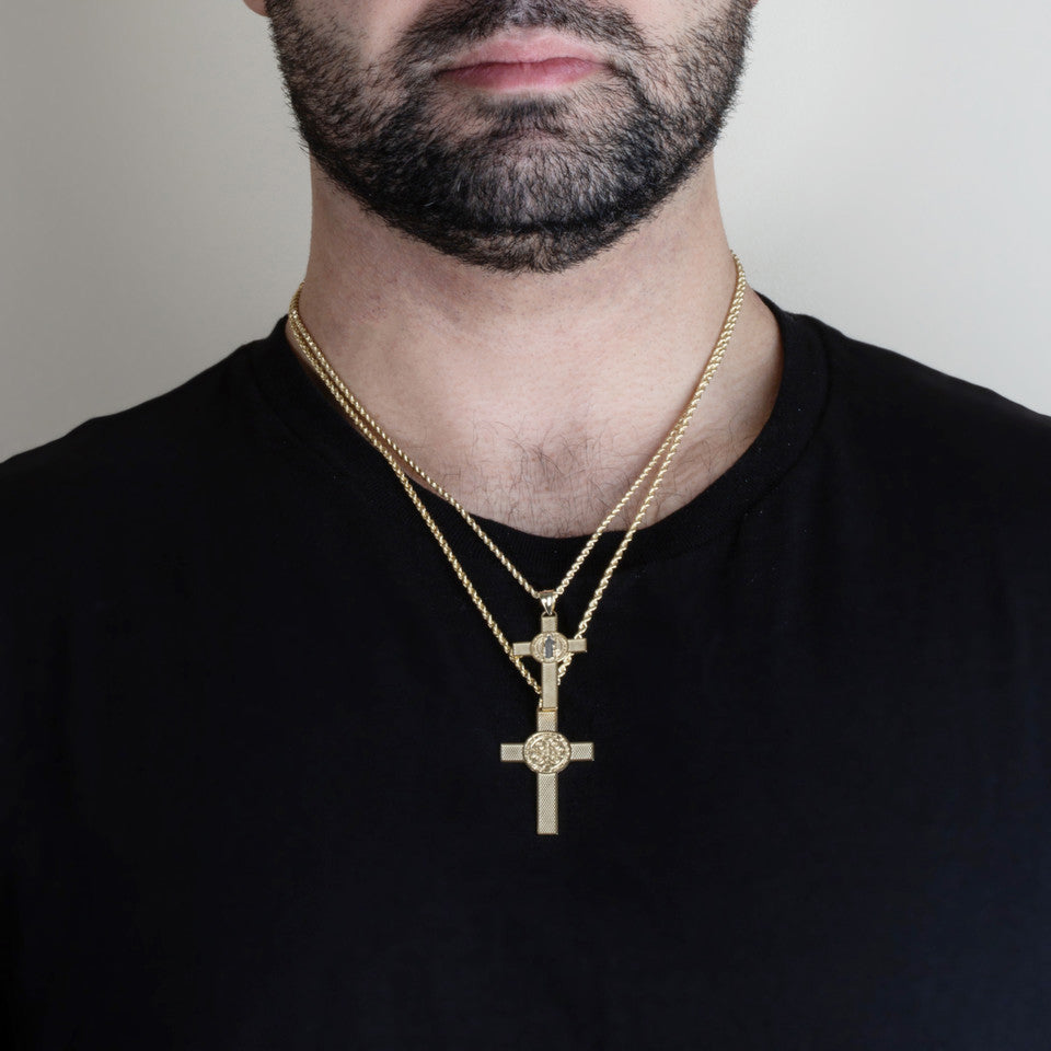 Two-Tone Gold Saint Benedict Medal Cross Textured Pendant Necklace, view 5