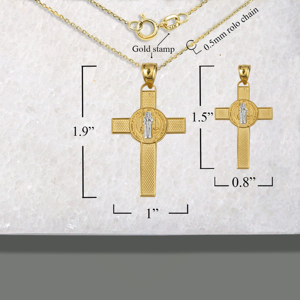 Two-Tone Gold Saint Benedict Medal Cross Textured Pendant Necklace, view 6