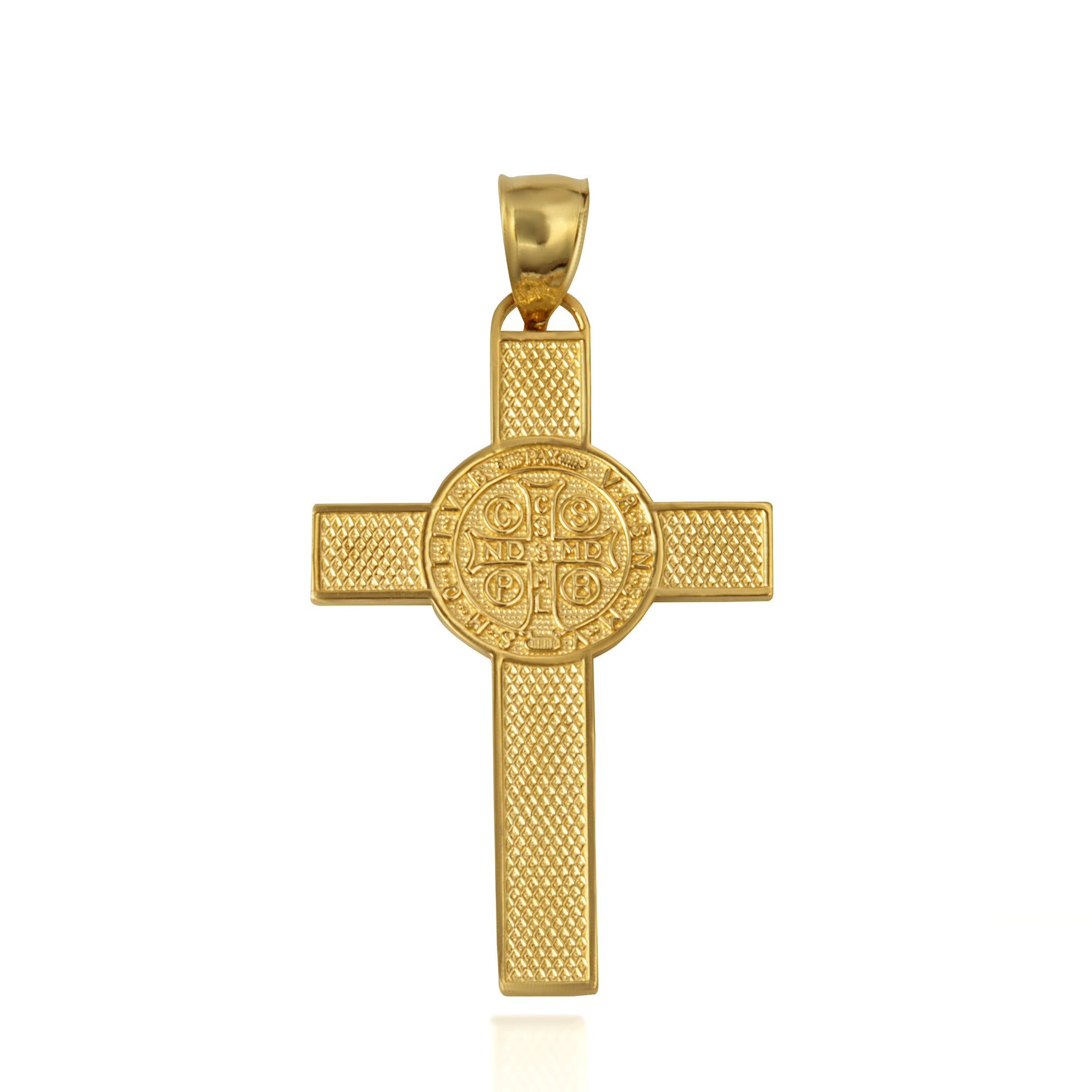 Two-Tone Gold Saint Benedict Medal Cross Textured Pendant Necklace, view 7