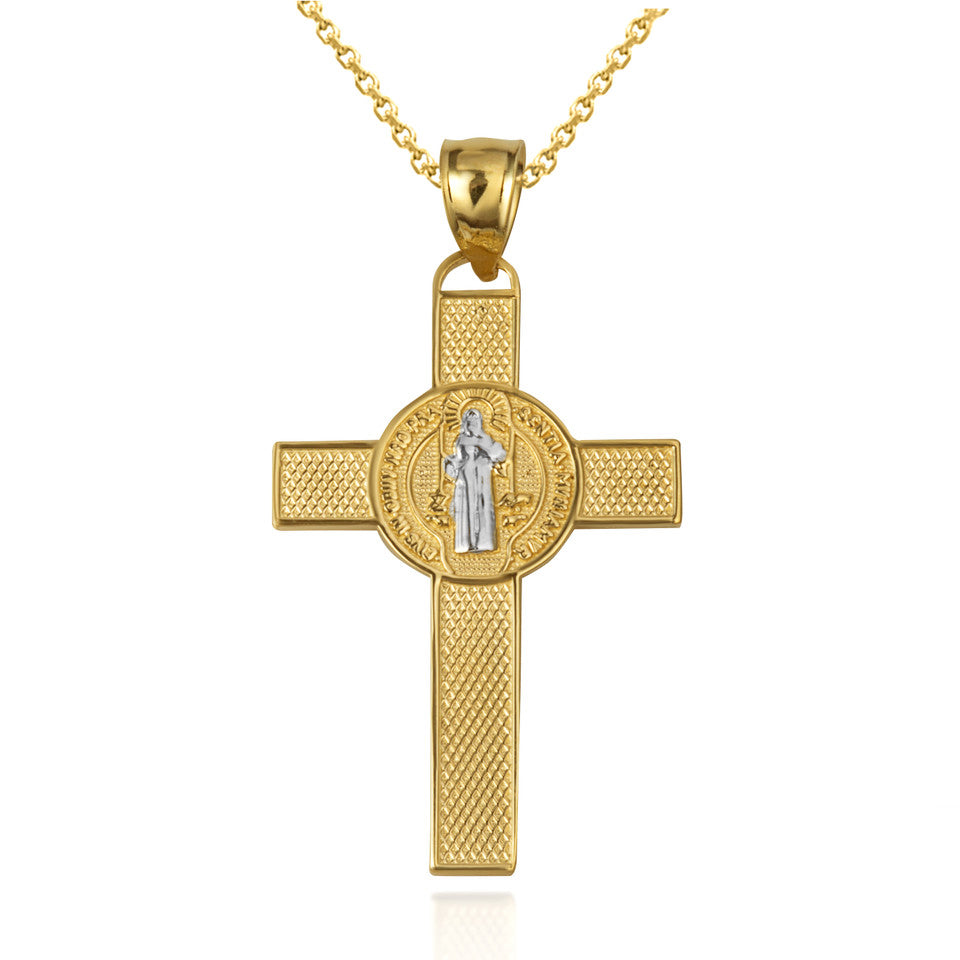 Two-Tone Gold Saint Benedict Medal Cross Textured Pendant Necklace, view 8
