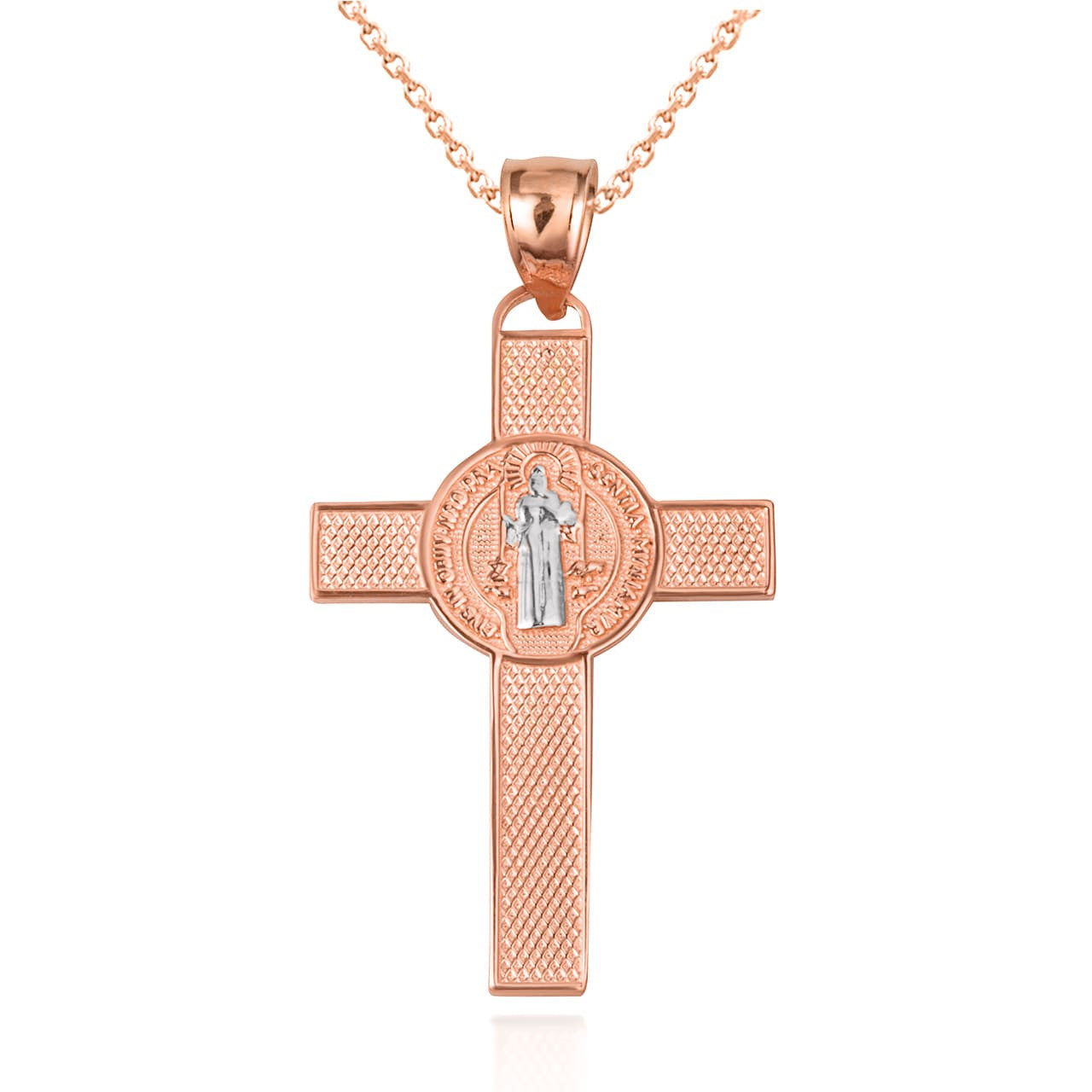 Two-Tone Gold Saint Benedict Medal Cross Textured Pendant Necklace, view 9