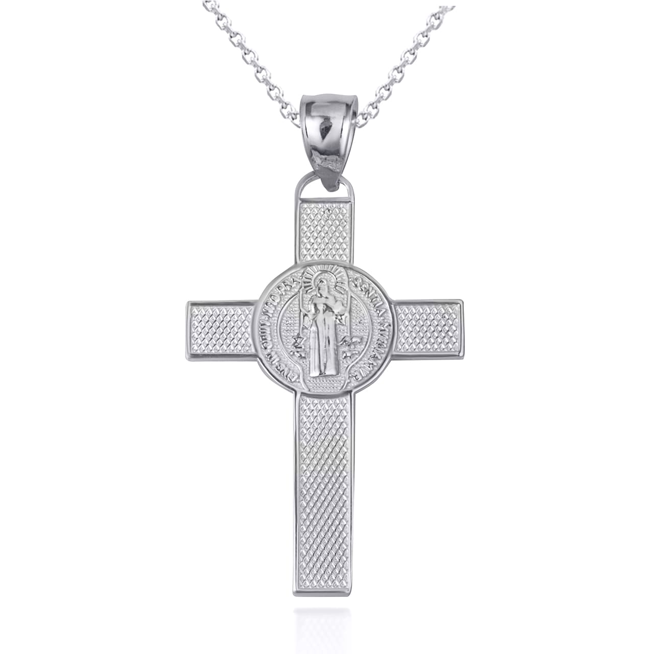 Two-Tone Gold Saint Benedict Medal Cross Textured Pendant Necklace, view 10