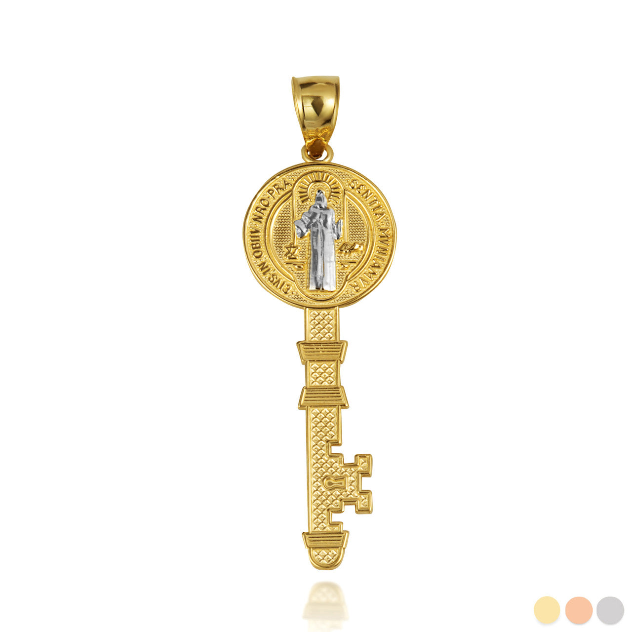 Two-Tone Gold Saint Benedict Medal Key Textured Pendant Necklace
