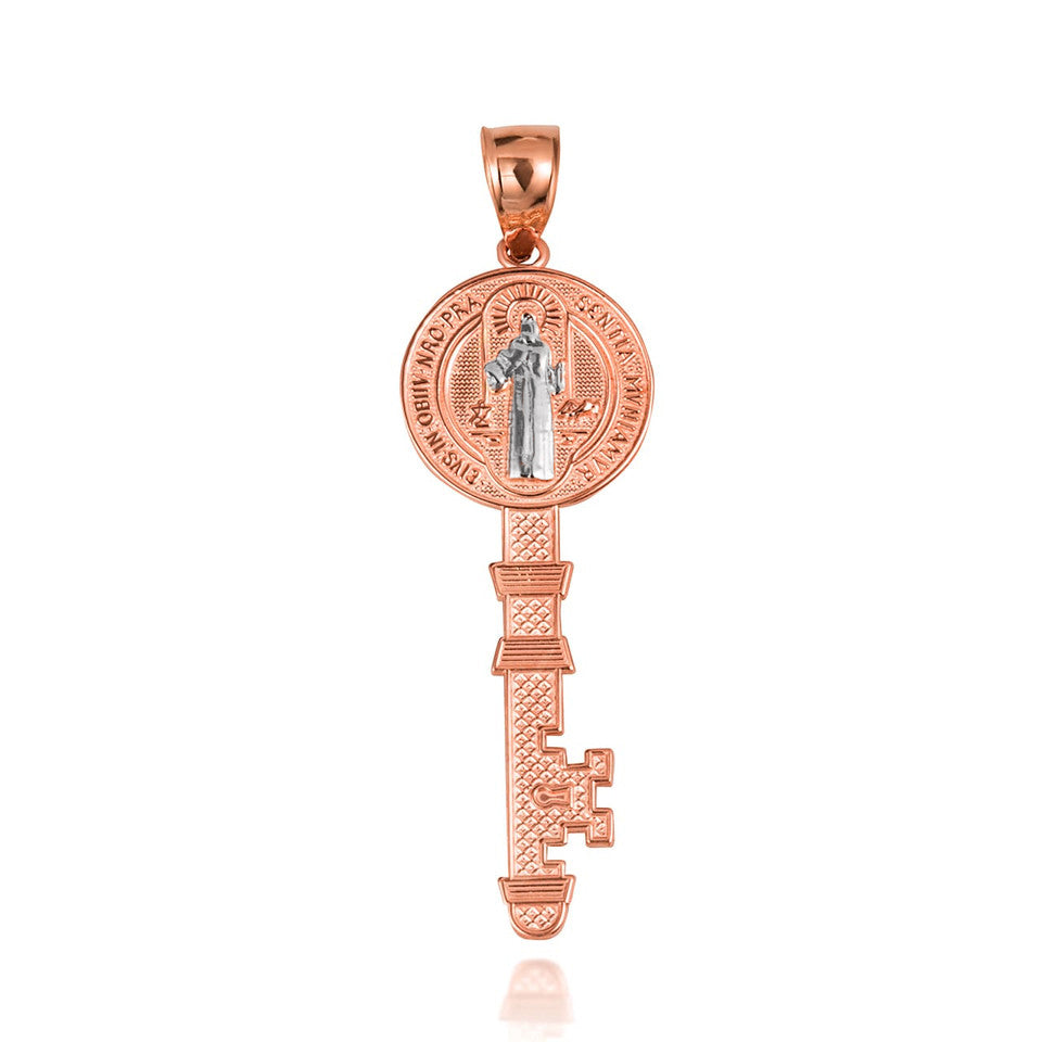 Two-Tone Gold Saint Benedict Medal Key Textured Pendant Necklace, view 2