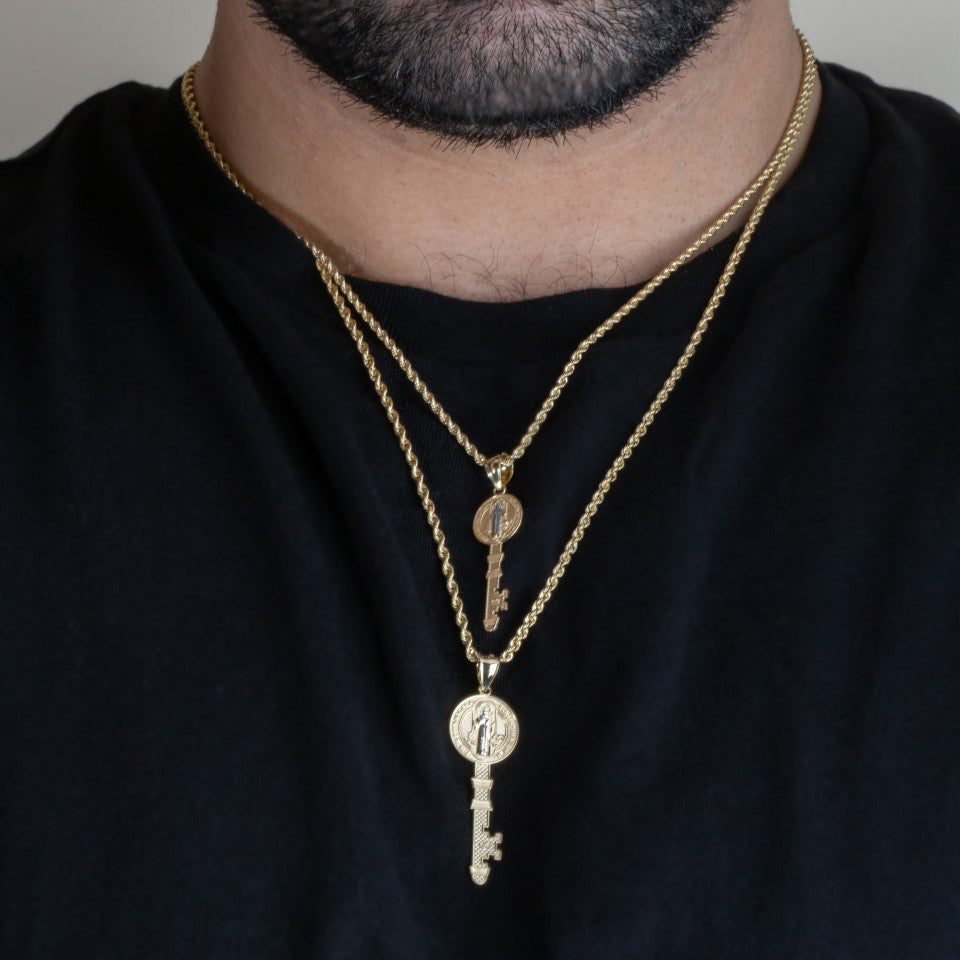Two-Tone Gold Saint Benedict Medal Key Textured Pendant Necklace, view 4